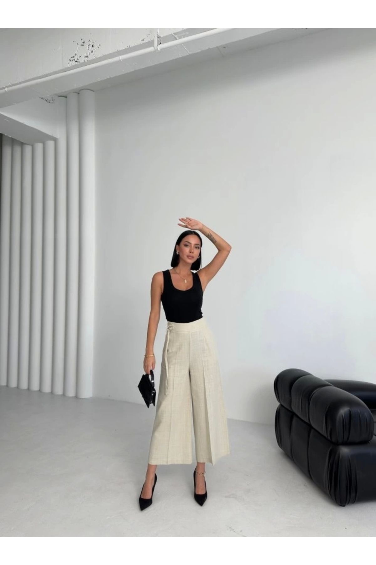 nedo7 Keten Toka Detayli Bilek Boy Wide Leg Pantolon