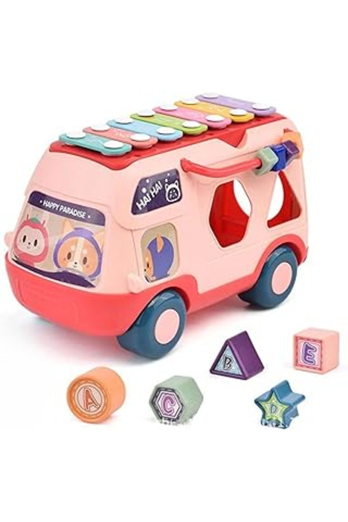 Mu Art Ahşap Müzikli Sesli Pilli Ksilofonlu Bultaklı Eğitici Bebek Aktivite Otobüsü 4In1 (Pembe)