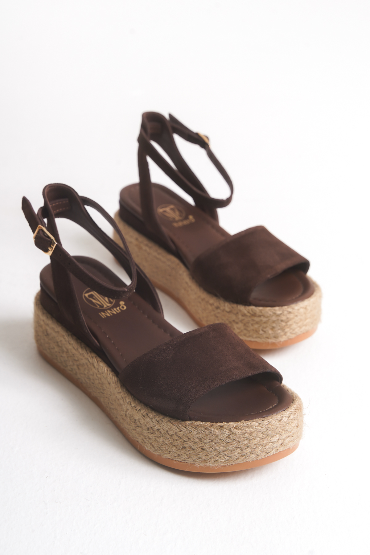 INNTRO  Riva Hakiki Deri Acı Kahve Süet Kadın Hasır Espardil Sargı Tabanlı Sandalet - Görsel 5