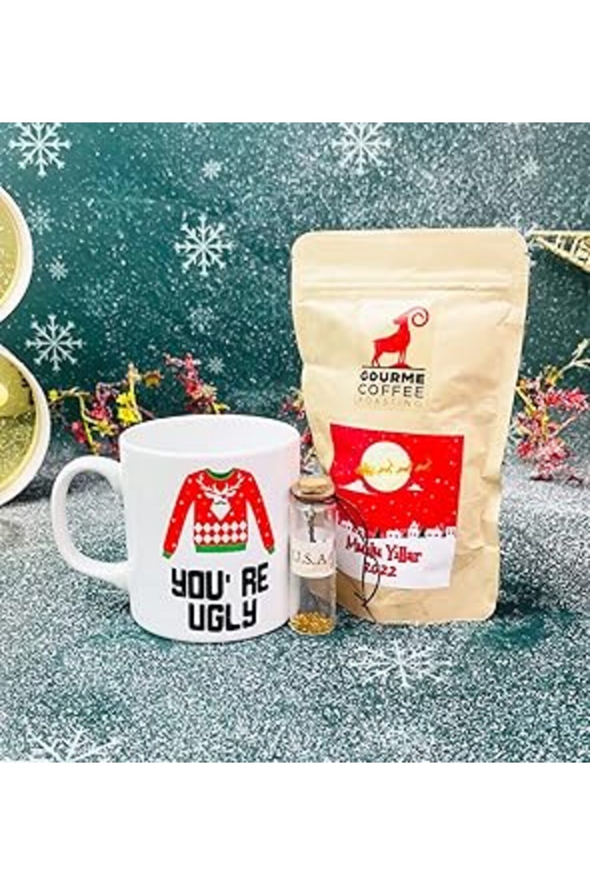 Pazarcan Giftmoda You'Re Ugly Tasarımlı Kupa Filtre Kahve Ve Dilek Şişesi Yılbaşı Seti