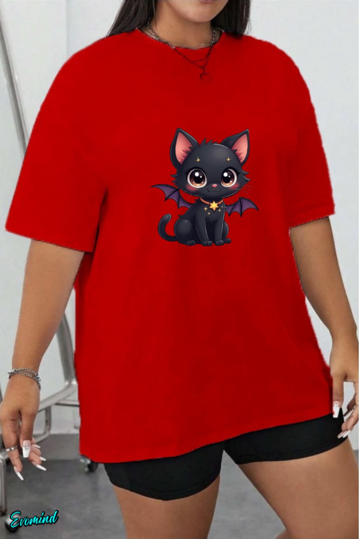 Evomind Büyük Beden Kedi Baskılı T-shirt