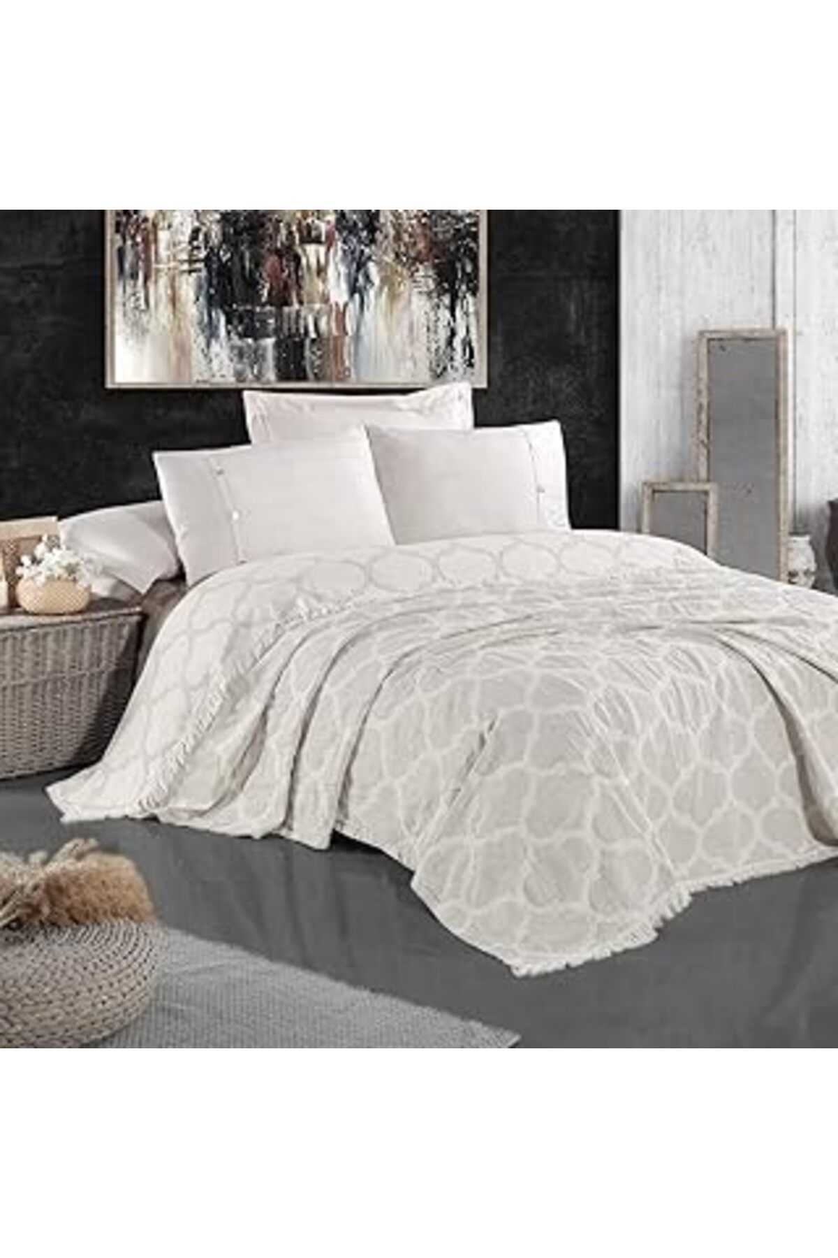 Qedii Miespiga Damask Design Çift Taraflı Jakarlı Keten Pamuk Dokuma Battal Boy(King Size) 240X260Cm Anti