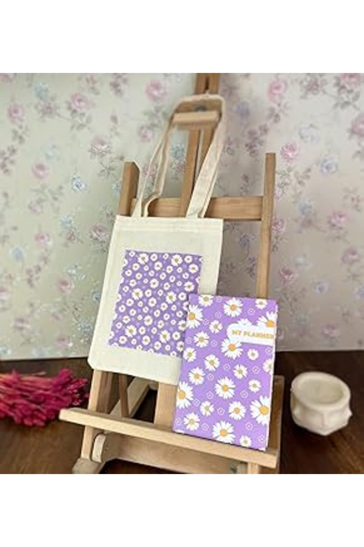 ASİTAN Mor Papatya Kalın Kitap Görünümlü Defter Ve Bez Çanta Set
