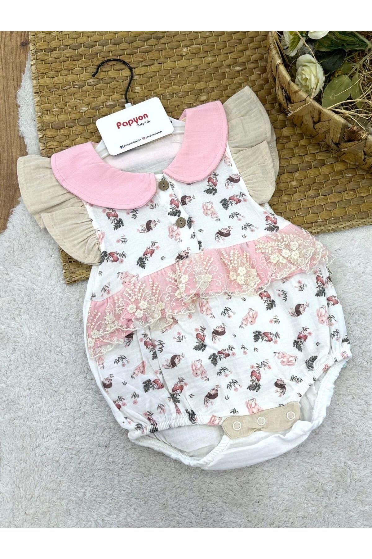 Papyon Baby Kids Tavşan Kirpi Dantelli Kız Bebek Müslin Romper Badi (6-9/9-12/12-18/18-24 Ay)