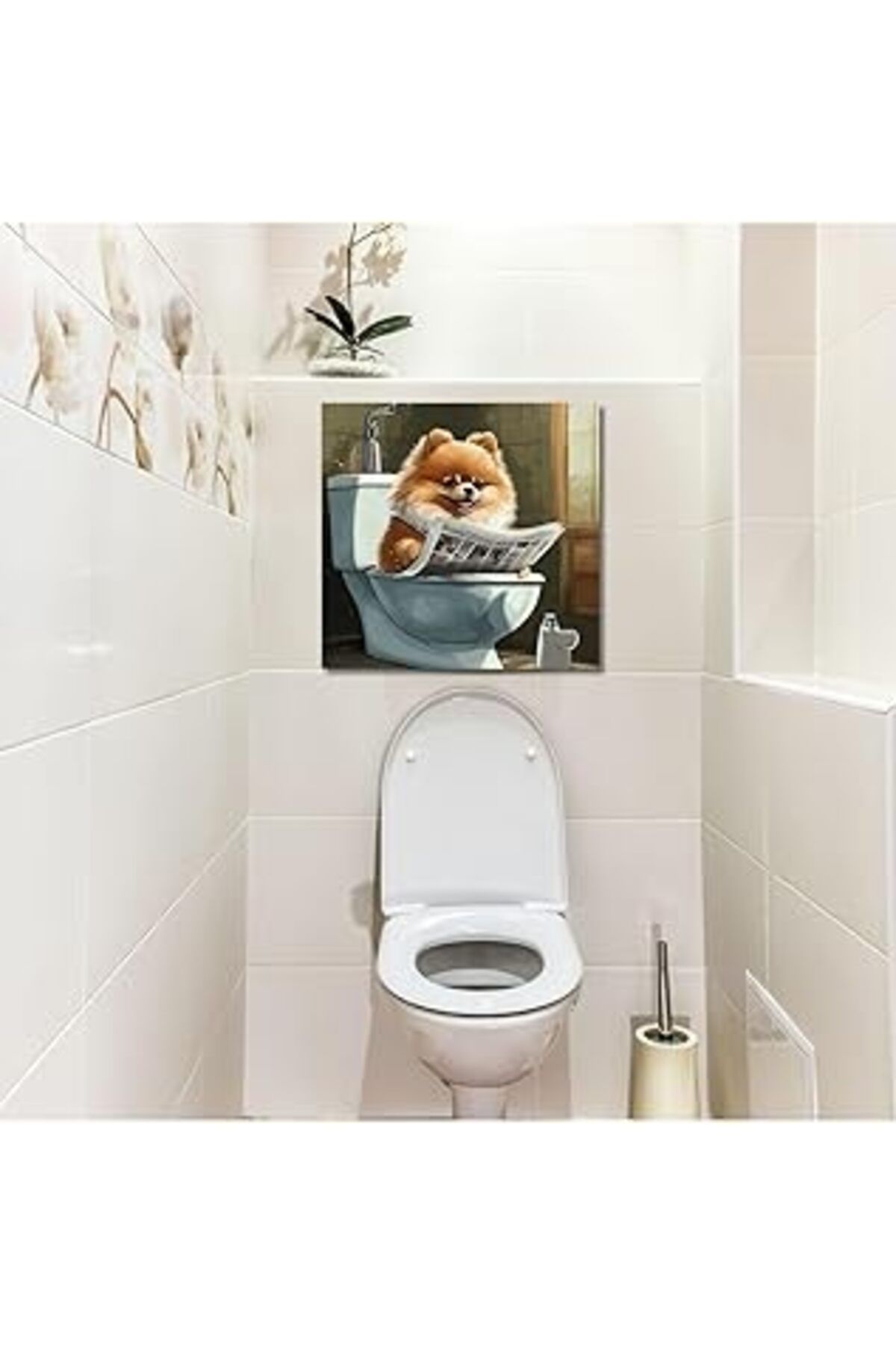 Mu Art Ahşap Gaagart Tekli Kare Kanvas Banyo Tablosu Gazete Okuyan Pomarian Köpek 50 X 50 Gartnm8339