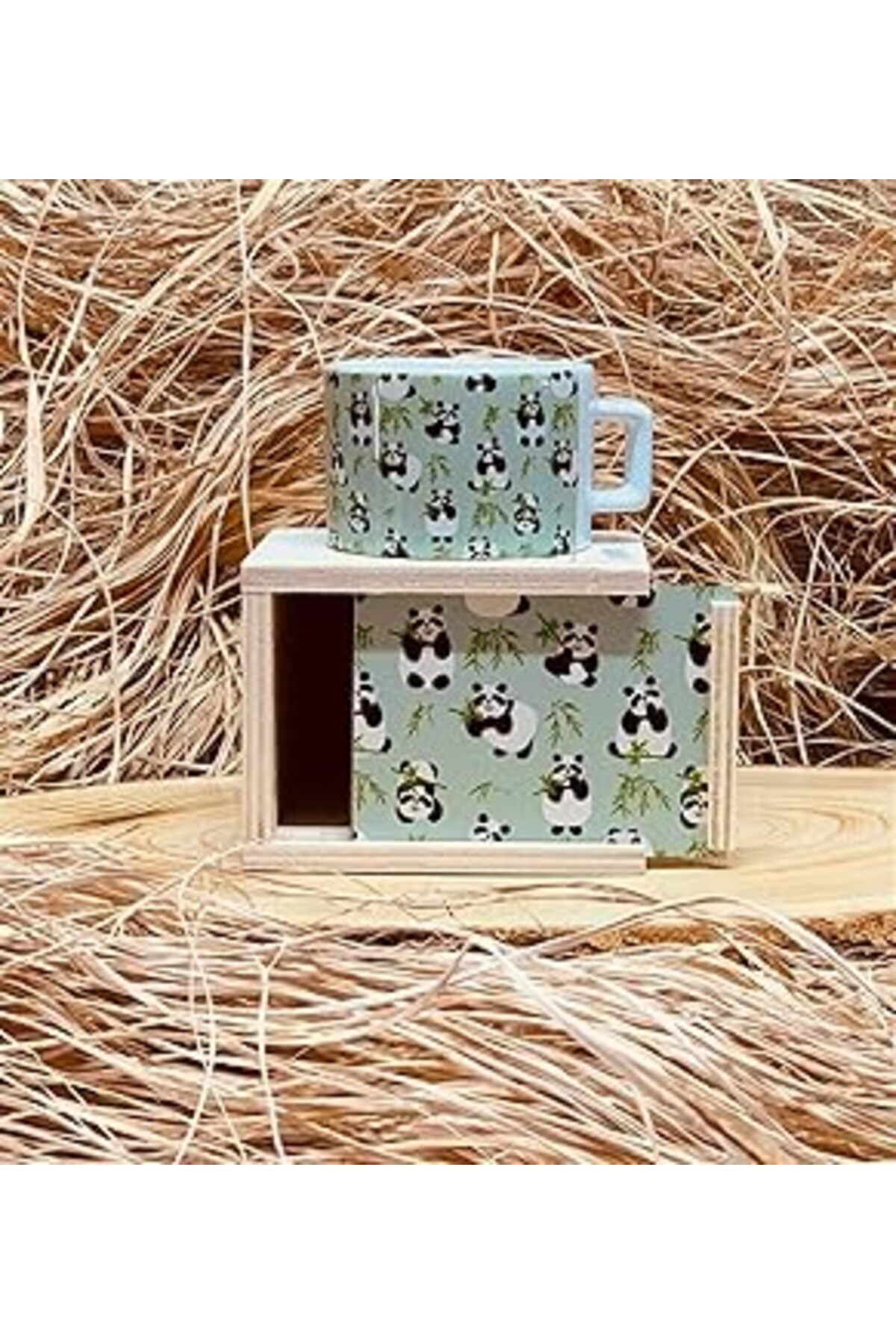Mu Art Ahşap Giftmoda Tembel Panda Tasarımlı Ahşap Kutulu Kupa