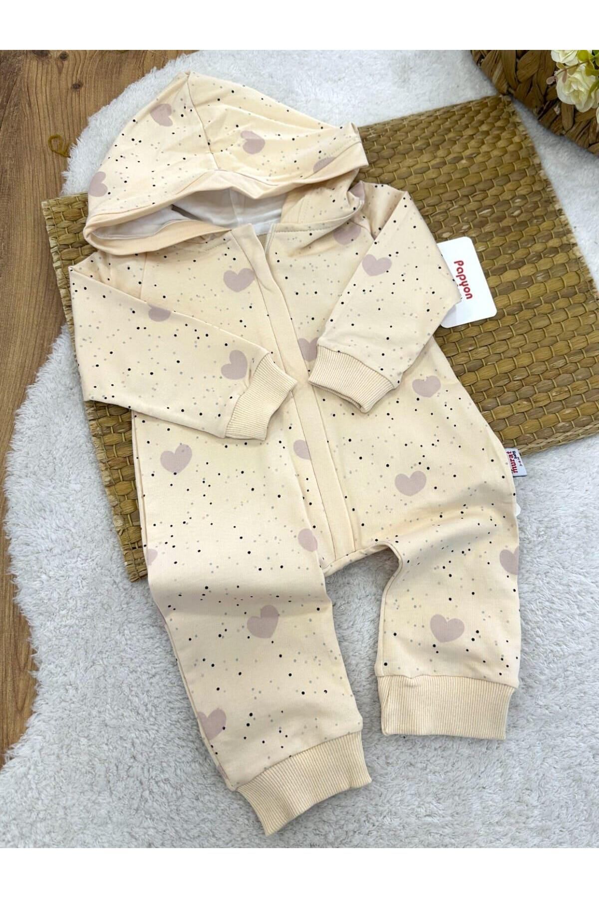 Papyon Baby Kids Kalp Puan Baskılı Kapşonlu Fermuarlı Kız Bebek Tulum (0-3/3-6/6-9/9-12 Ay)