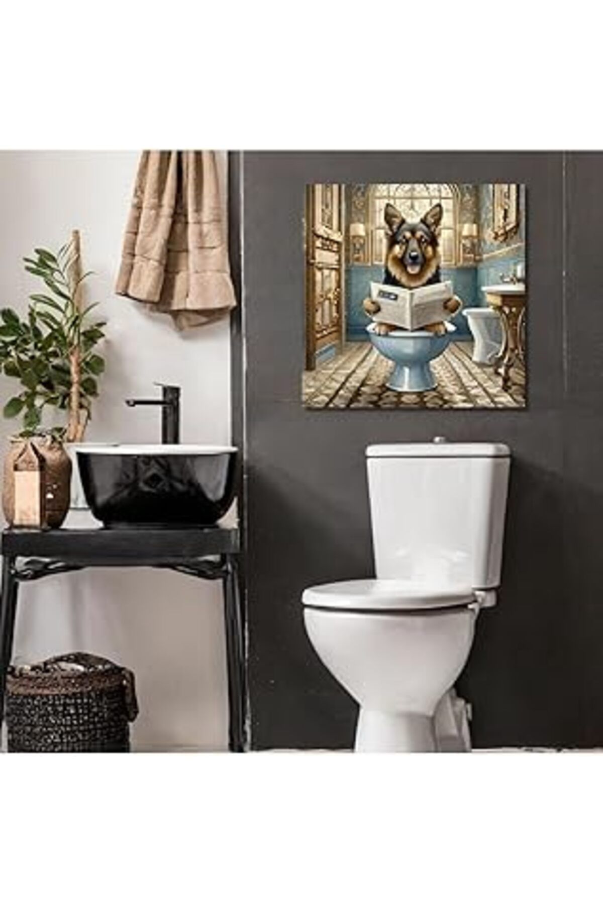 Mu Art Ahşap Gaagart Tekli Kare Kanvas Banyo Tablosu Gazete Okuyan Alman Kurt Köpeği 50 X 50 Gartnm8291
