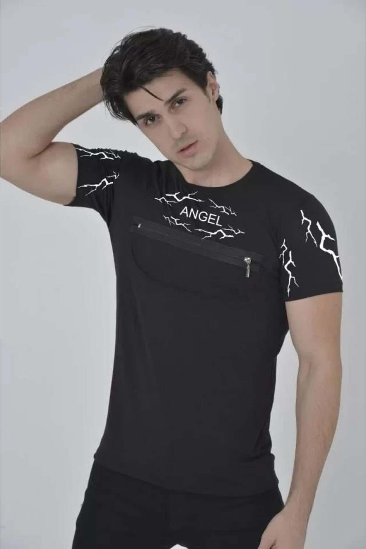 modamtn Unisex Göğüs Fermuarlı Baskılı T-Shirt - Siyah