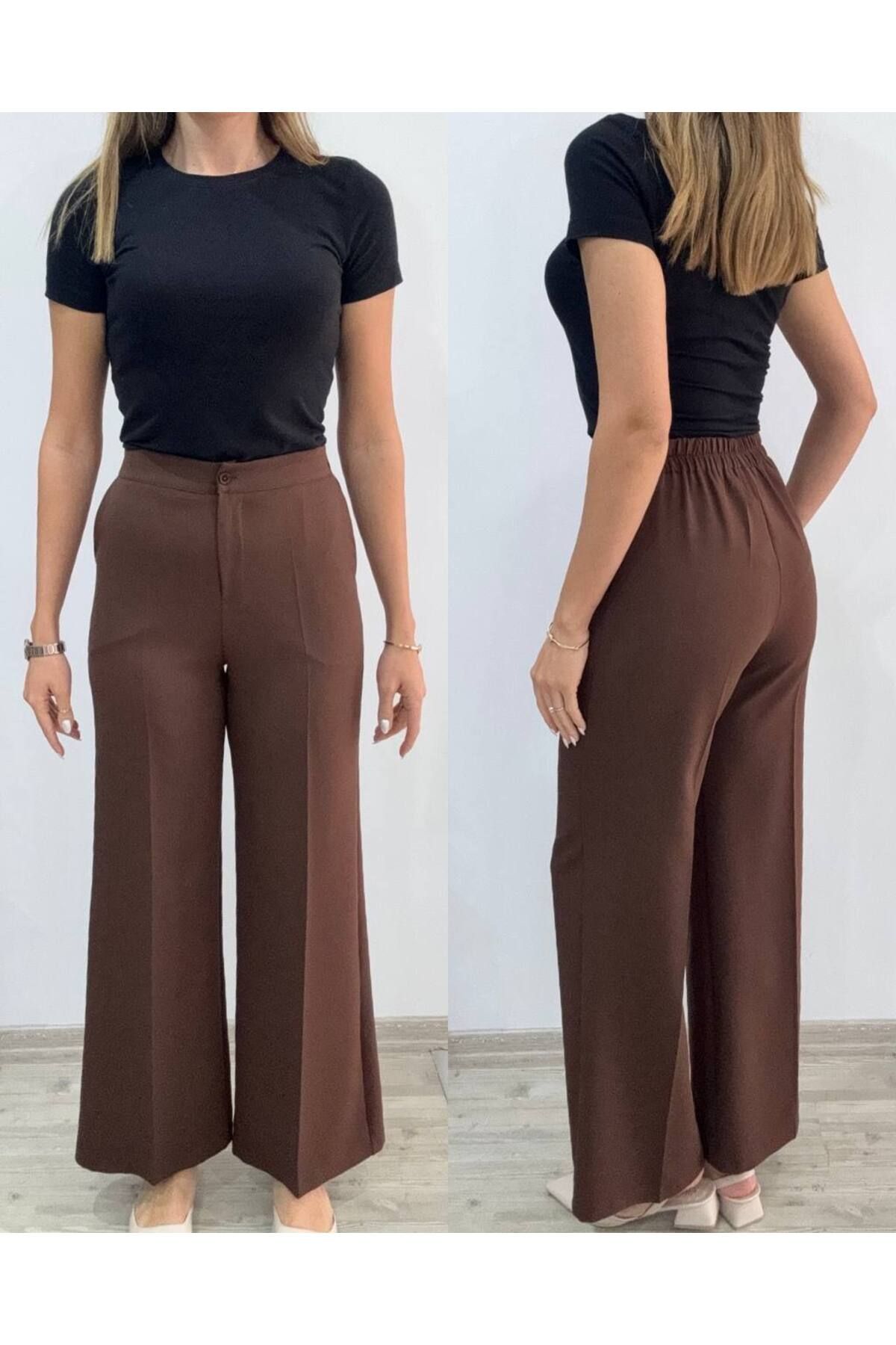LyLove Kadın Kahverengi Yüksek Bel Geniş Paça Pantolon