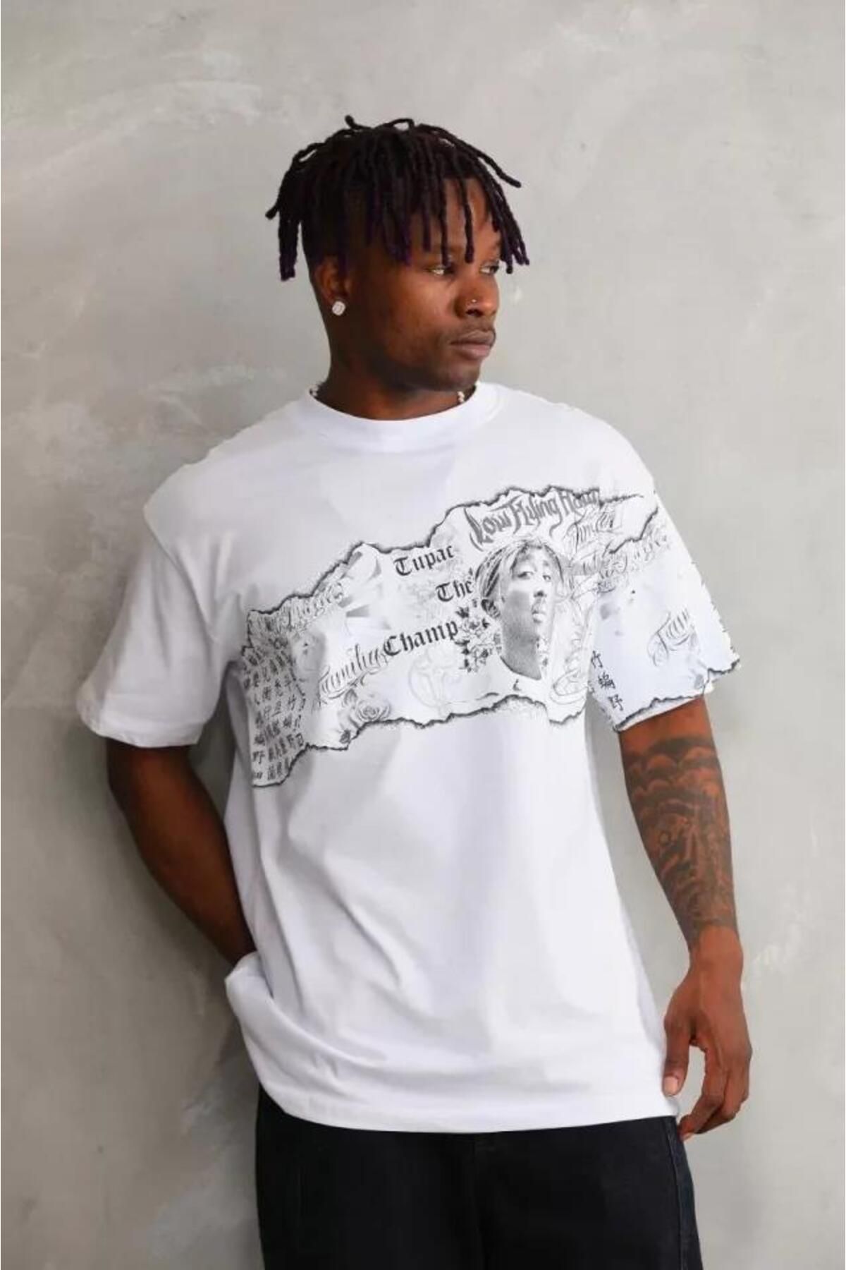 modamtn Unisex Bisiklet Yaka Baskılı Oversize T-Shirt - Beyaz