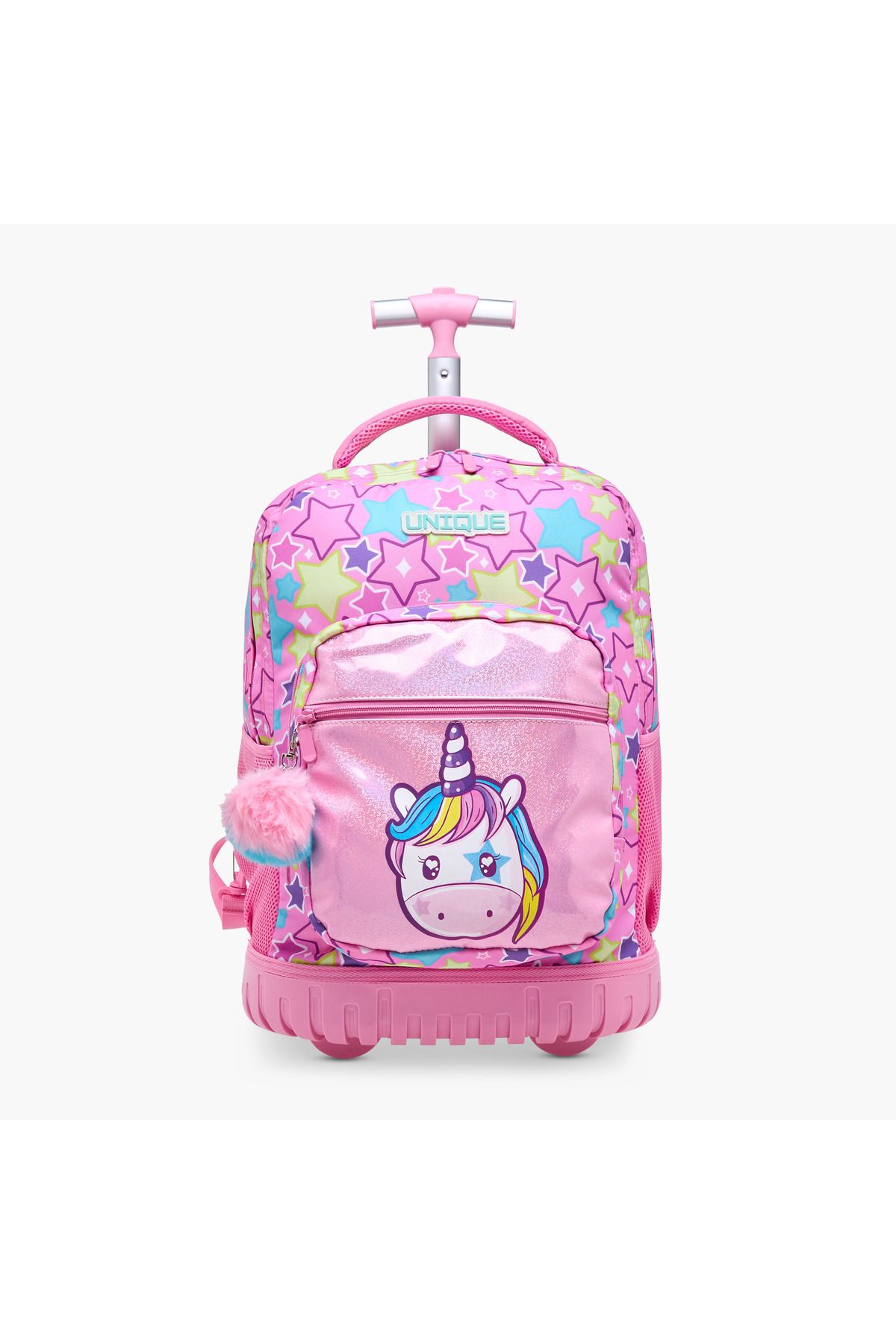 Unique--O Unicorn Print Trolley Backpack with Retractable Handle and Pom-Pom Charm - 32x22x47 cms 1