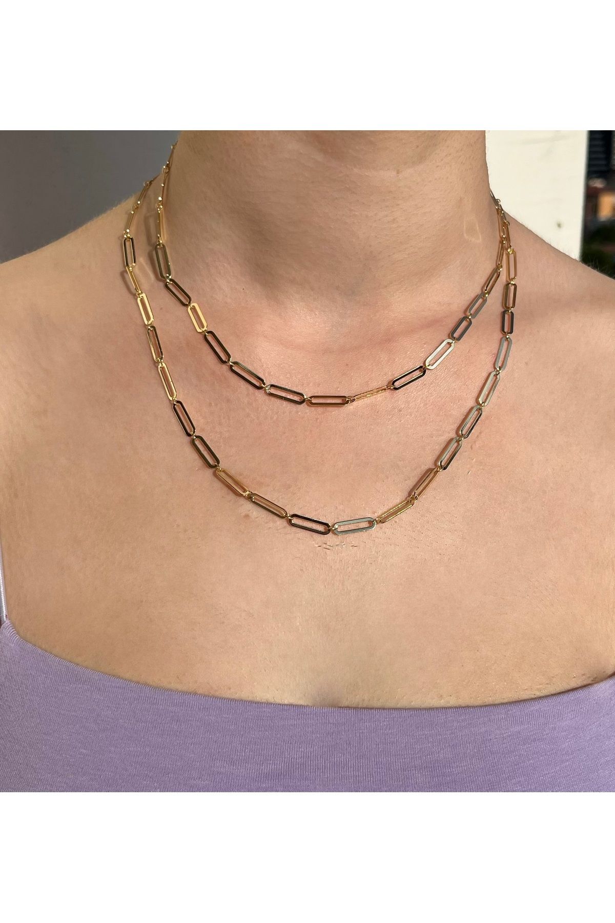 B&E SHİNE JEWERLY Kararmaz Çelik Geometrik Tasarım Çift Zincir Kolye