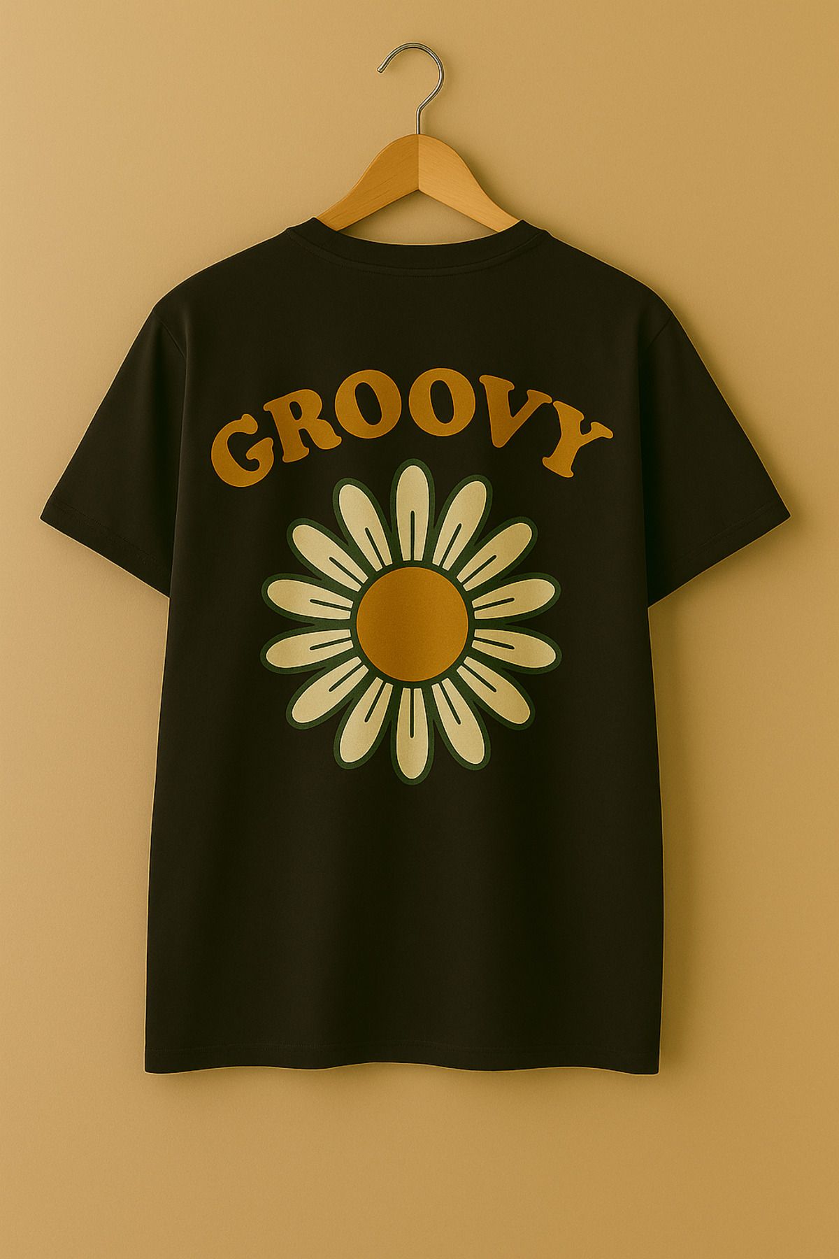 madeora Groovy Çiçek Baskılı Unisex Siyah Tişört, Sırtı Baskılı