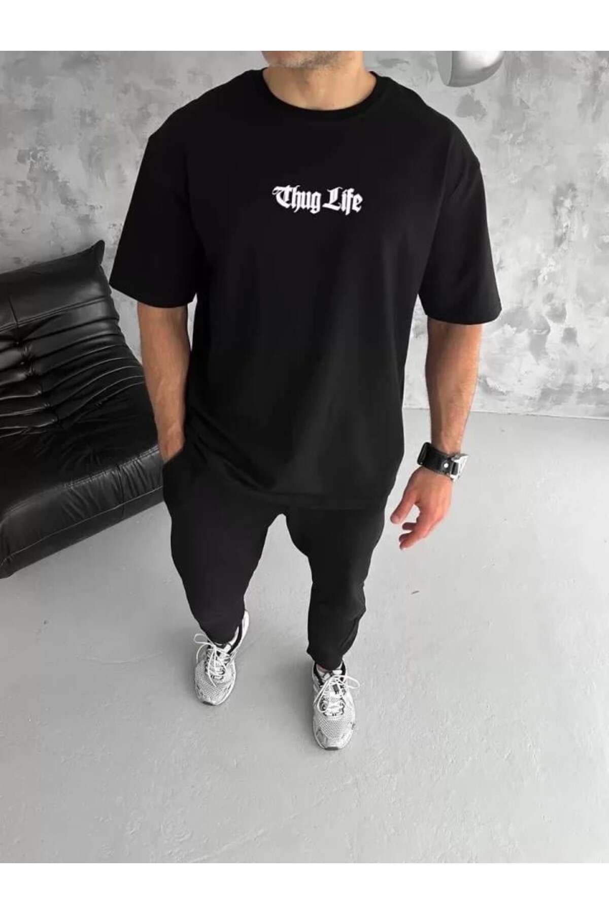 modamtn Unisex Bisiklet Yaka Baskılı Oversize T-Shirt - Siyah