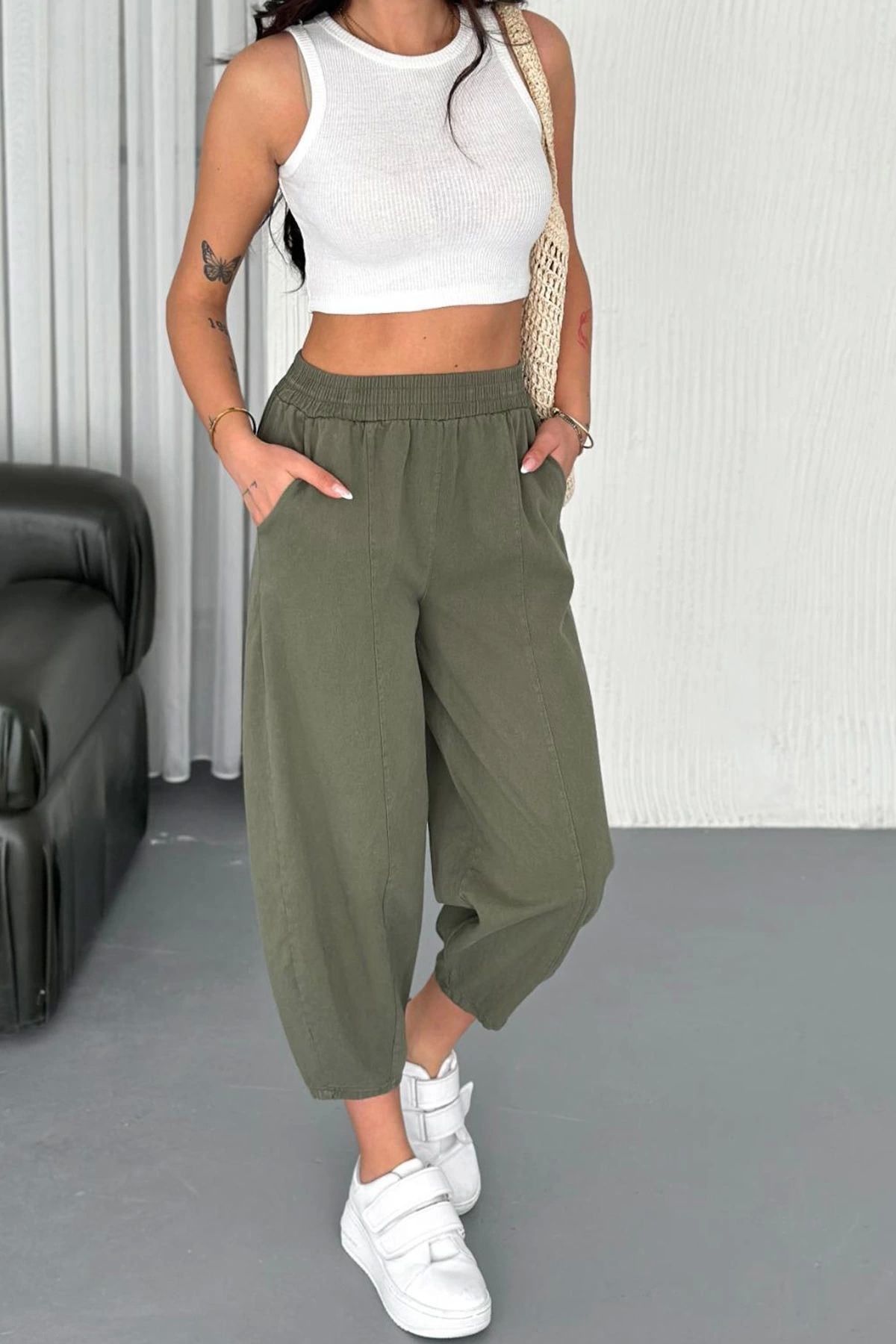 SESUME Gabardin 2Cepli Çımalı Oversize Pantolon Haki
