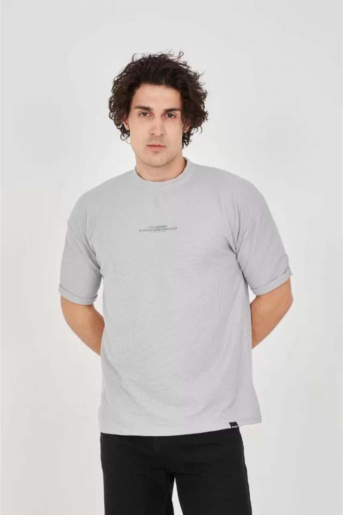 modamtn Unisex Waffle Kumaş Rahat Kol T-Shirt - Boyalı Gri