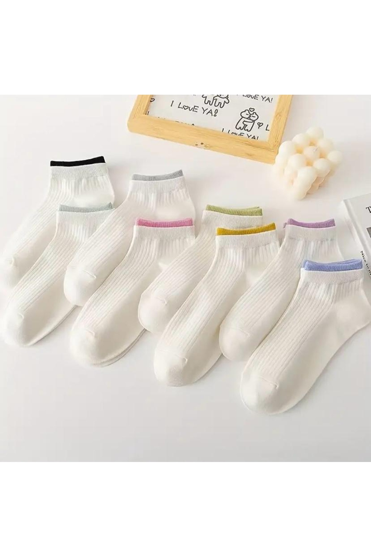 hk 6'Pair Women's Cotton 2'Lastic Detailed Anti-Sweat Cream Color Short Socks