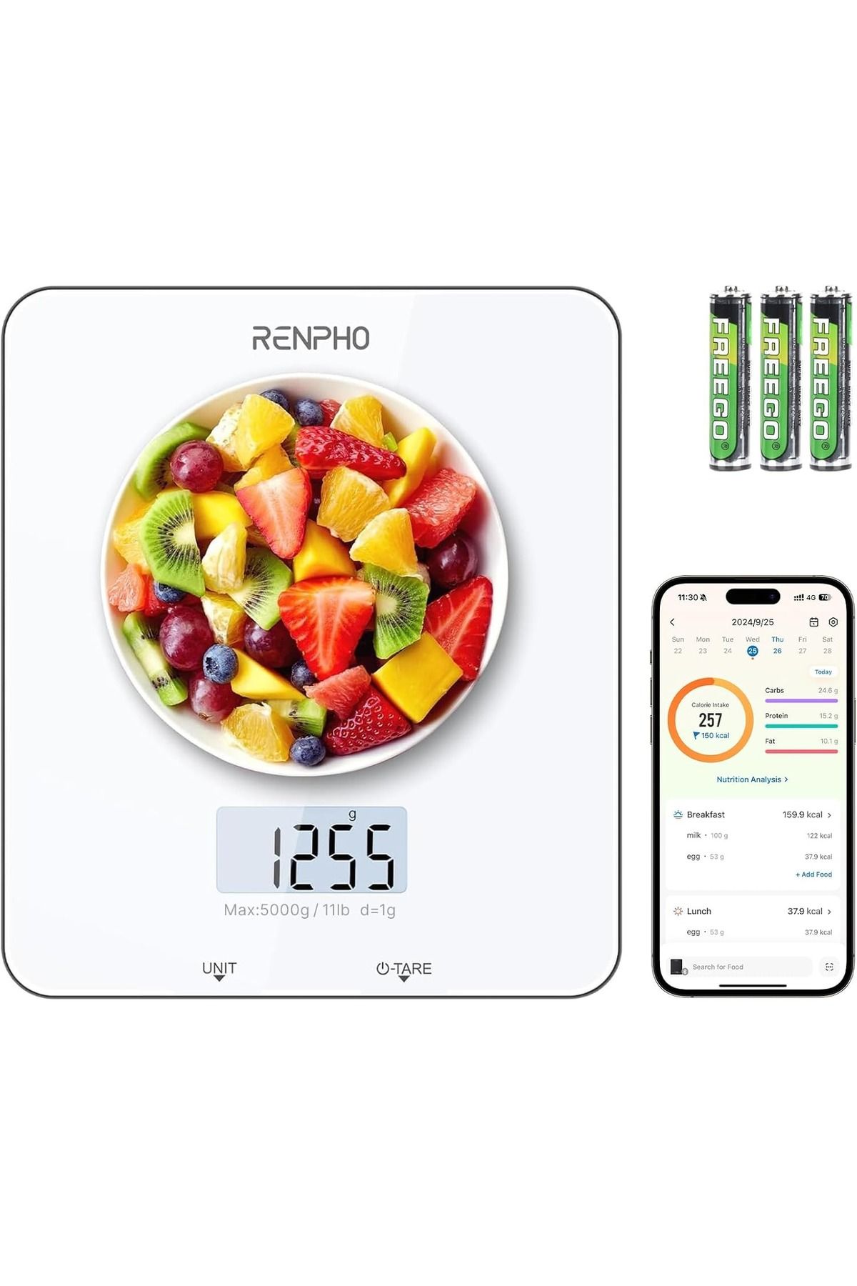 RENPHO Akıllı Mutfak Terazisi 1g Hassasiyet, LCD Ekranlı, Tare Fonksiyonlu, 5 kg Kapasiteli