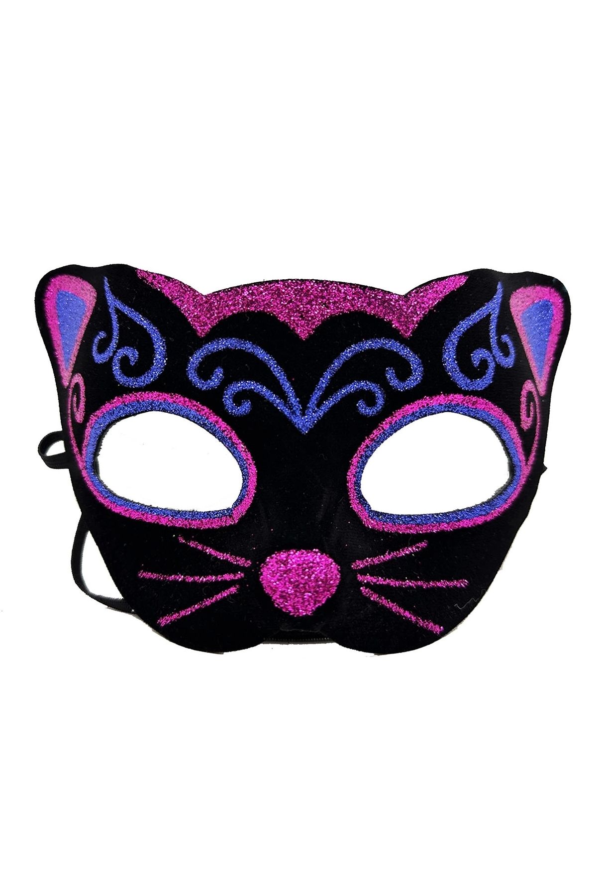 shopwave Siyah Kadife Kaplama Üzeri Pembe Mavi Sim İşlemeli Kedi Maskesi 20x13 cm (5047)