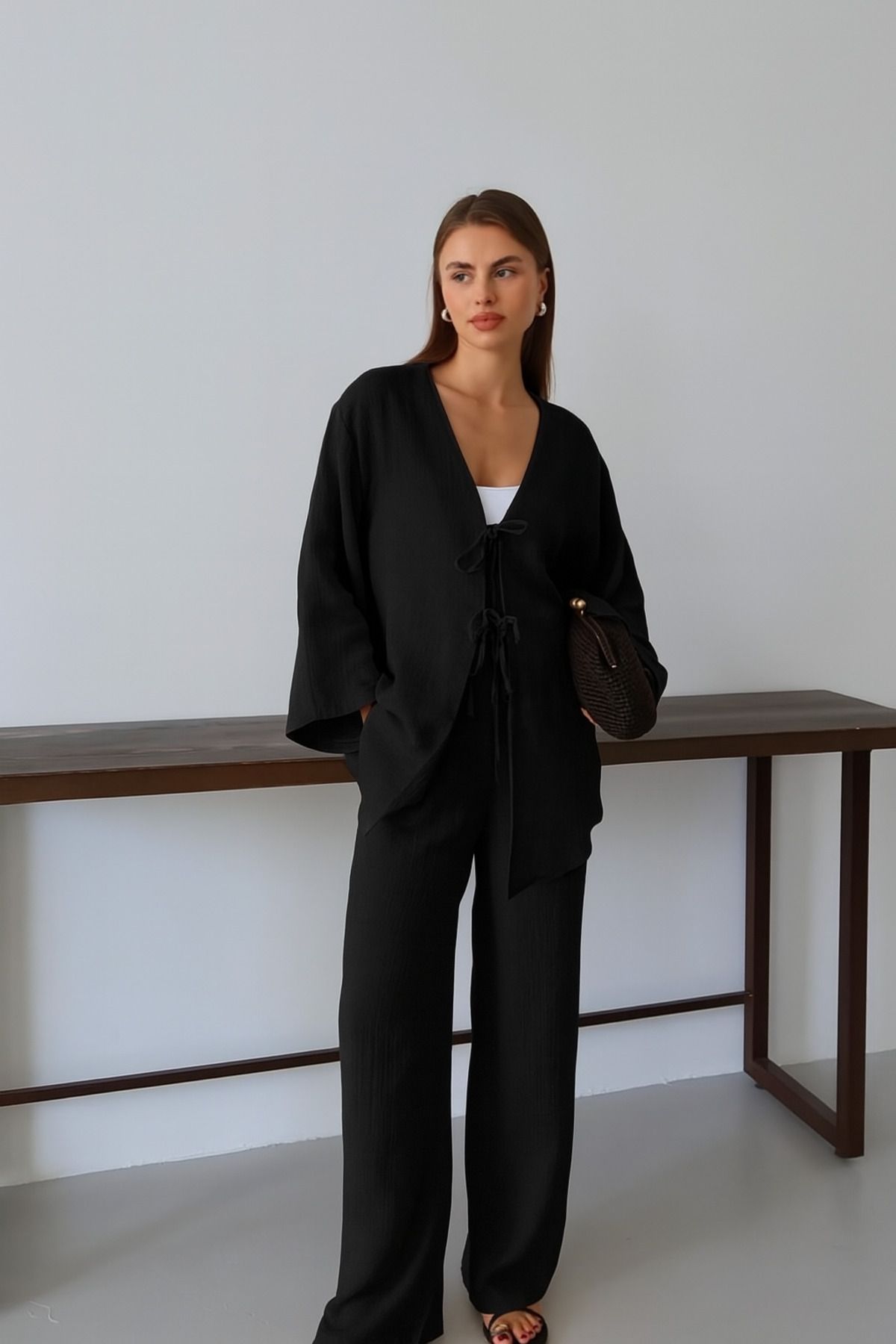 NATUFIAN STORE Kadın Keten Kimono-Pantolon Alt-Üst Takım