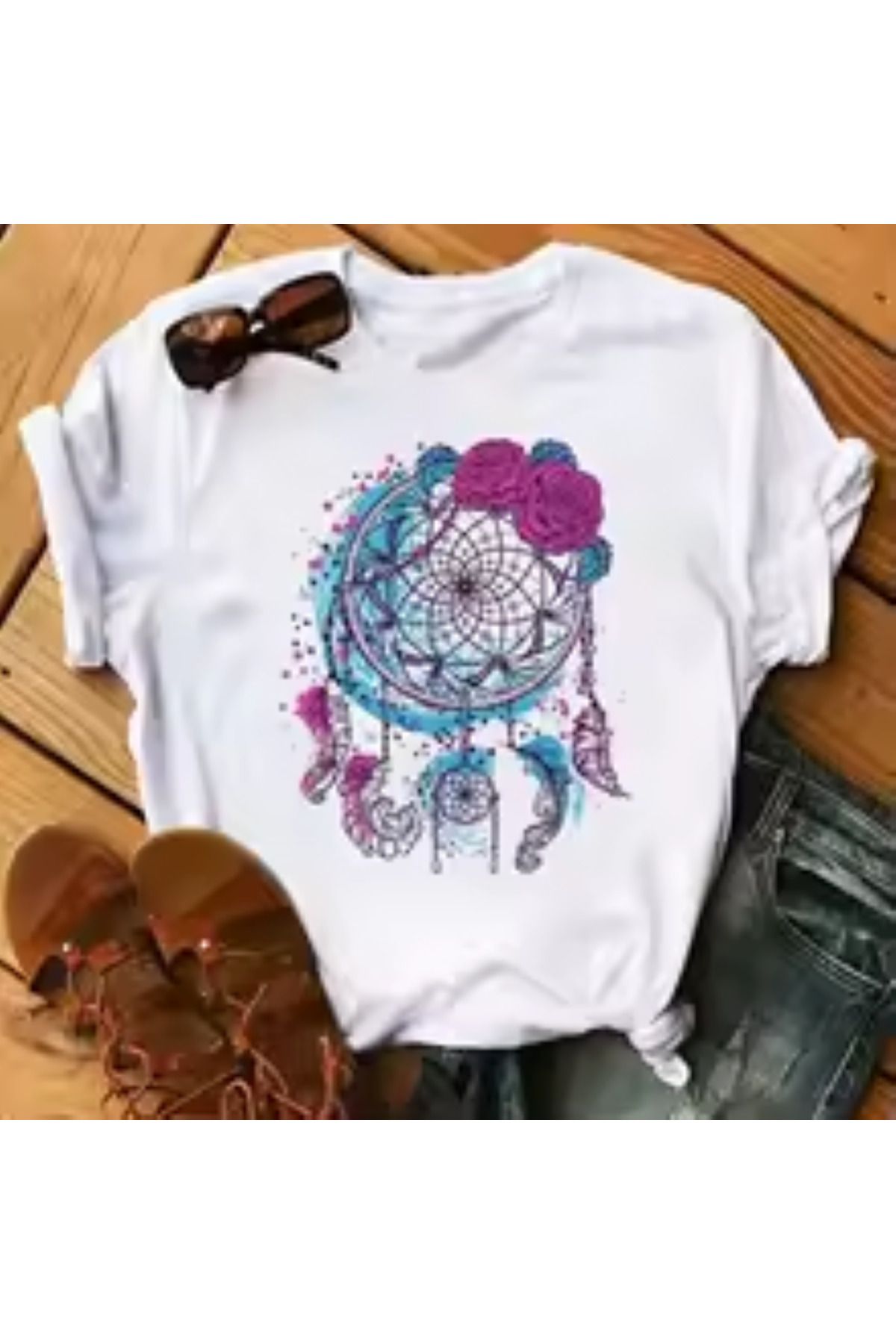 aynewmoda Yuvarlak yakalı kısa kollu çiçek desenli tişört