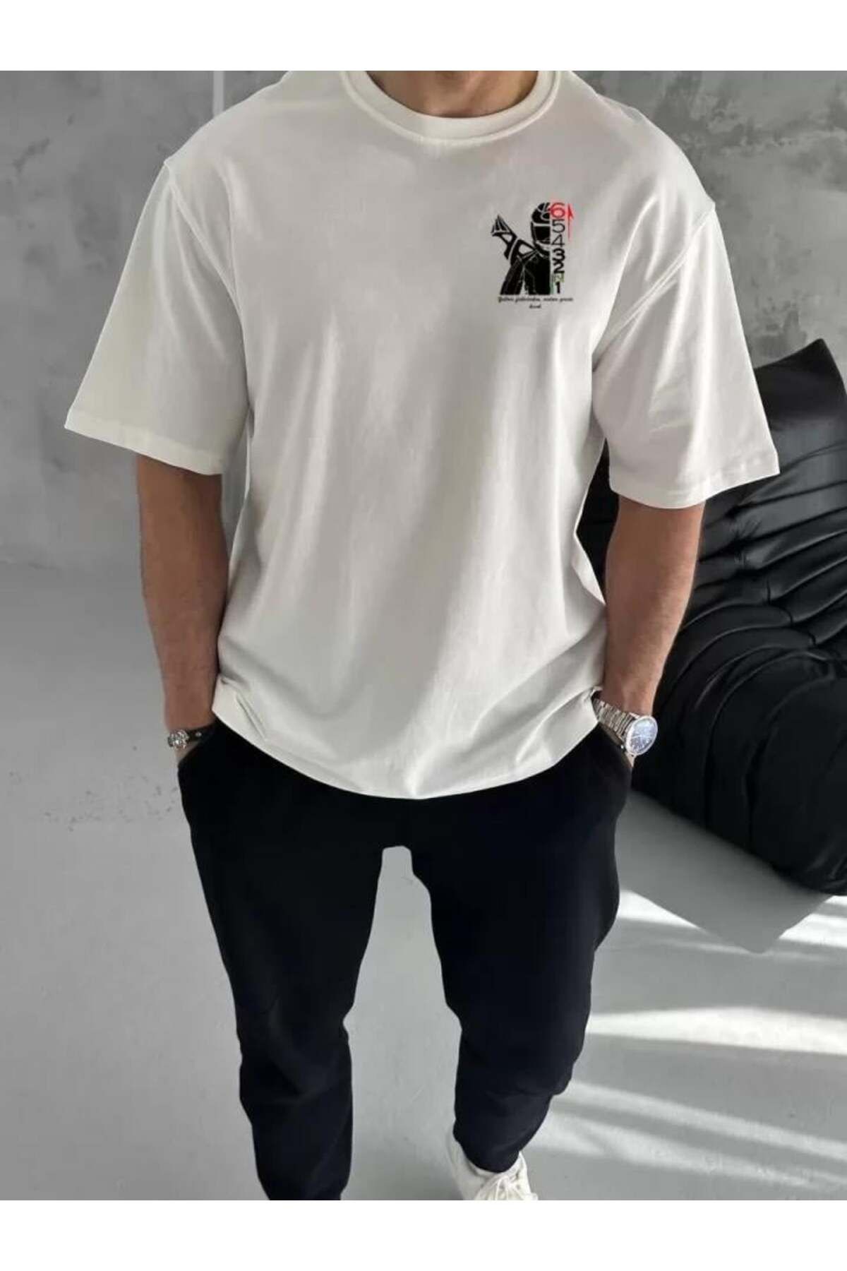 modamtn Unisex Bisiklet Yaka Baskılı Oversize T-Shirt - Beyaz