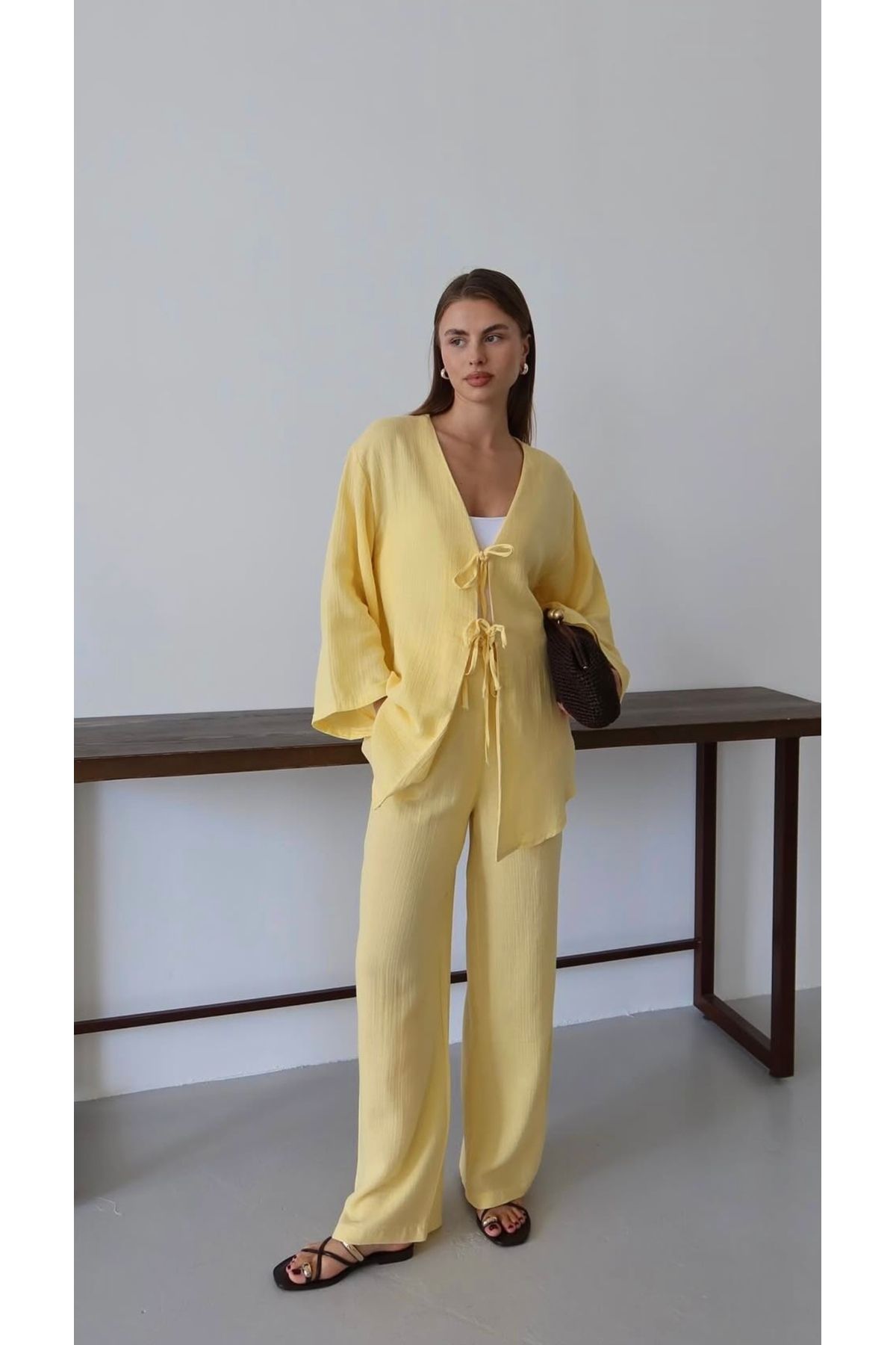 NATUFIAN STORE Kadın Keten Kimono-Pantolon Alt-Üst Takım