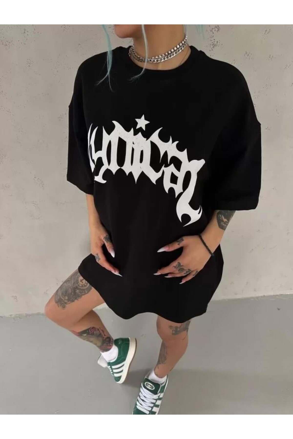 modamtn Unisex Bisiklet Yaka Baskılı Oversize T-Shirt - Siyah