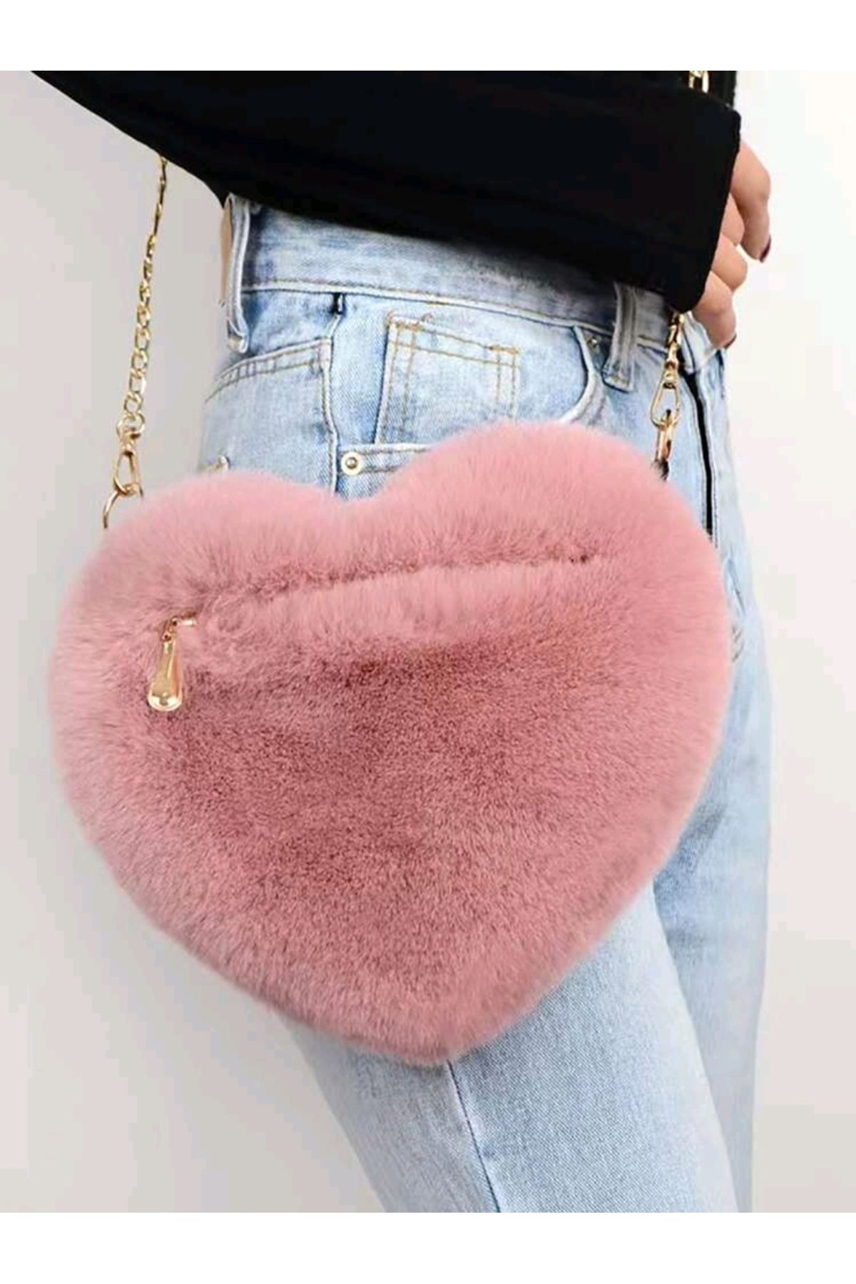 MyBalliStore Pembe Kalp Şekilli Peluş Askılı Çanta (Dusty Pink)