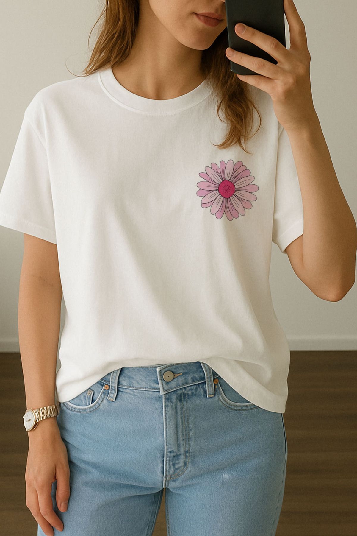 sielta Kadın Pembe Papatya Baskılı Bisiklet Yaka Oversize Beyaz Tişört T-shirt