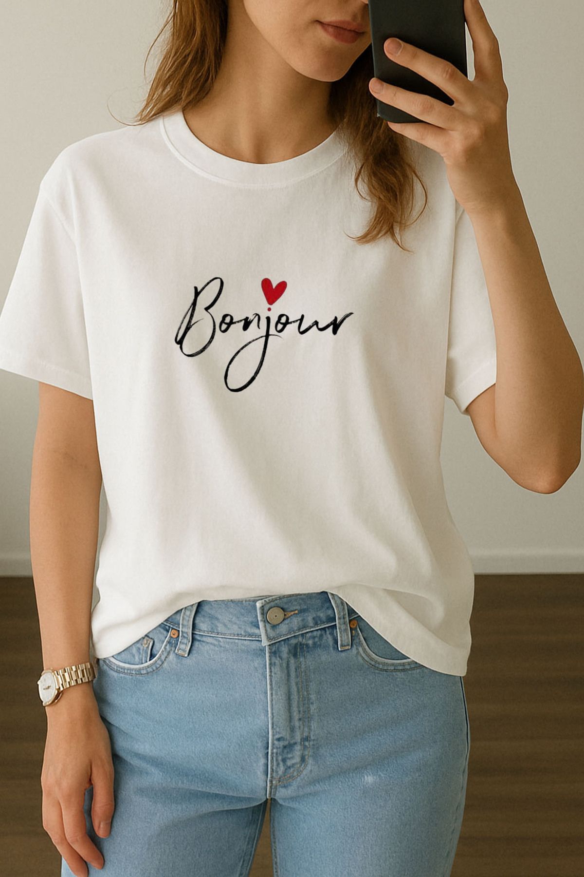 sielta Kadın Bonjour Günaydın Baskılı Bisiklet Yaka Oversize Beyaz Tişört T-shirt