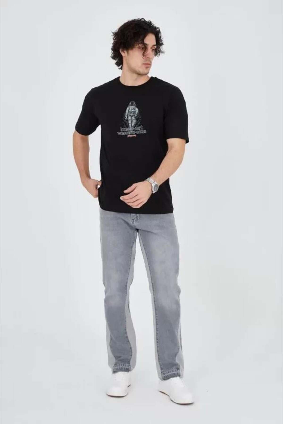 modamtn Erkek Penye Baskılı T-Shirt - Siyah