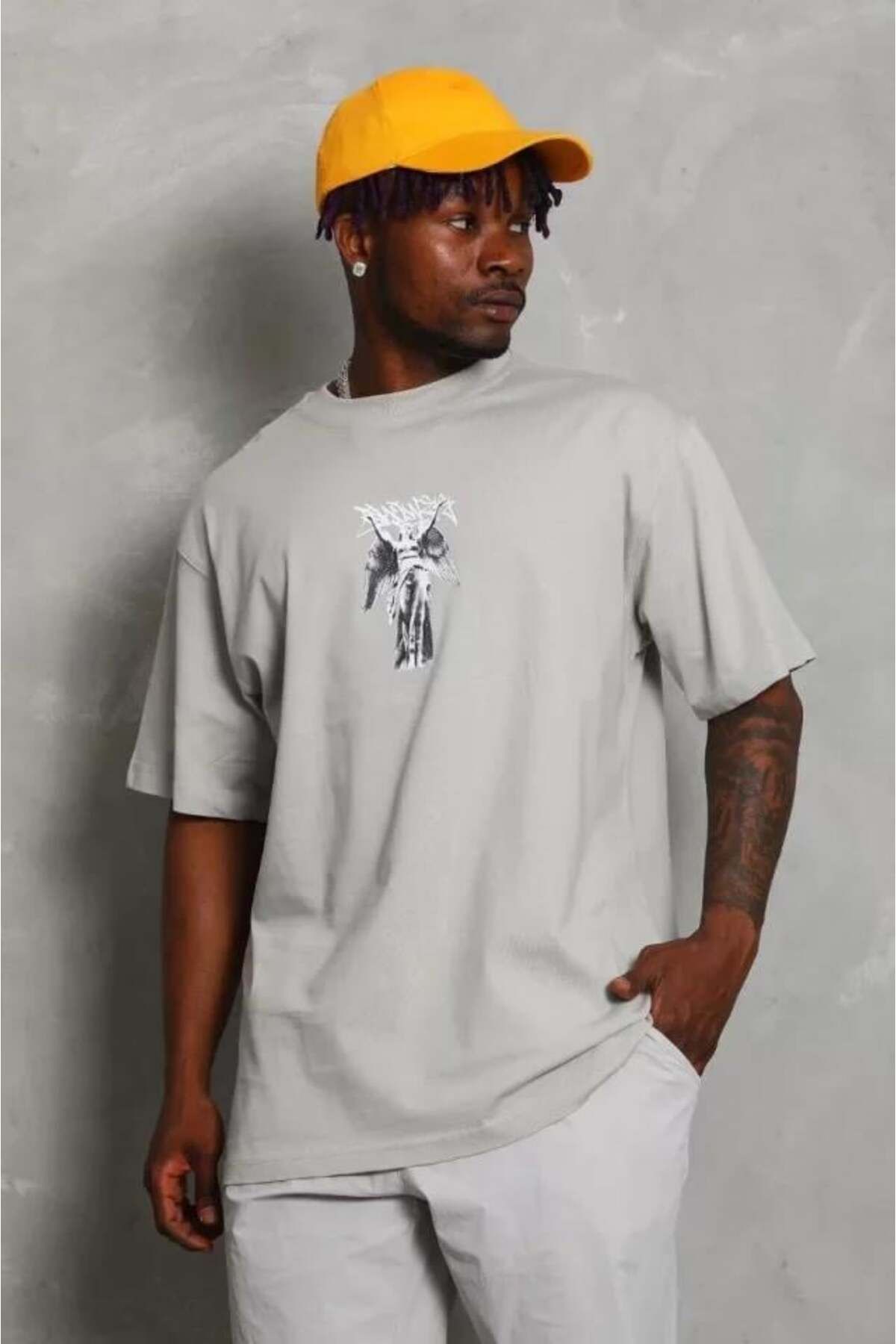 modamtn Unisex Oversize Baskılı Bisiklet Yaka T-Shirt - Gri