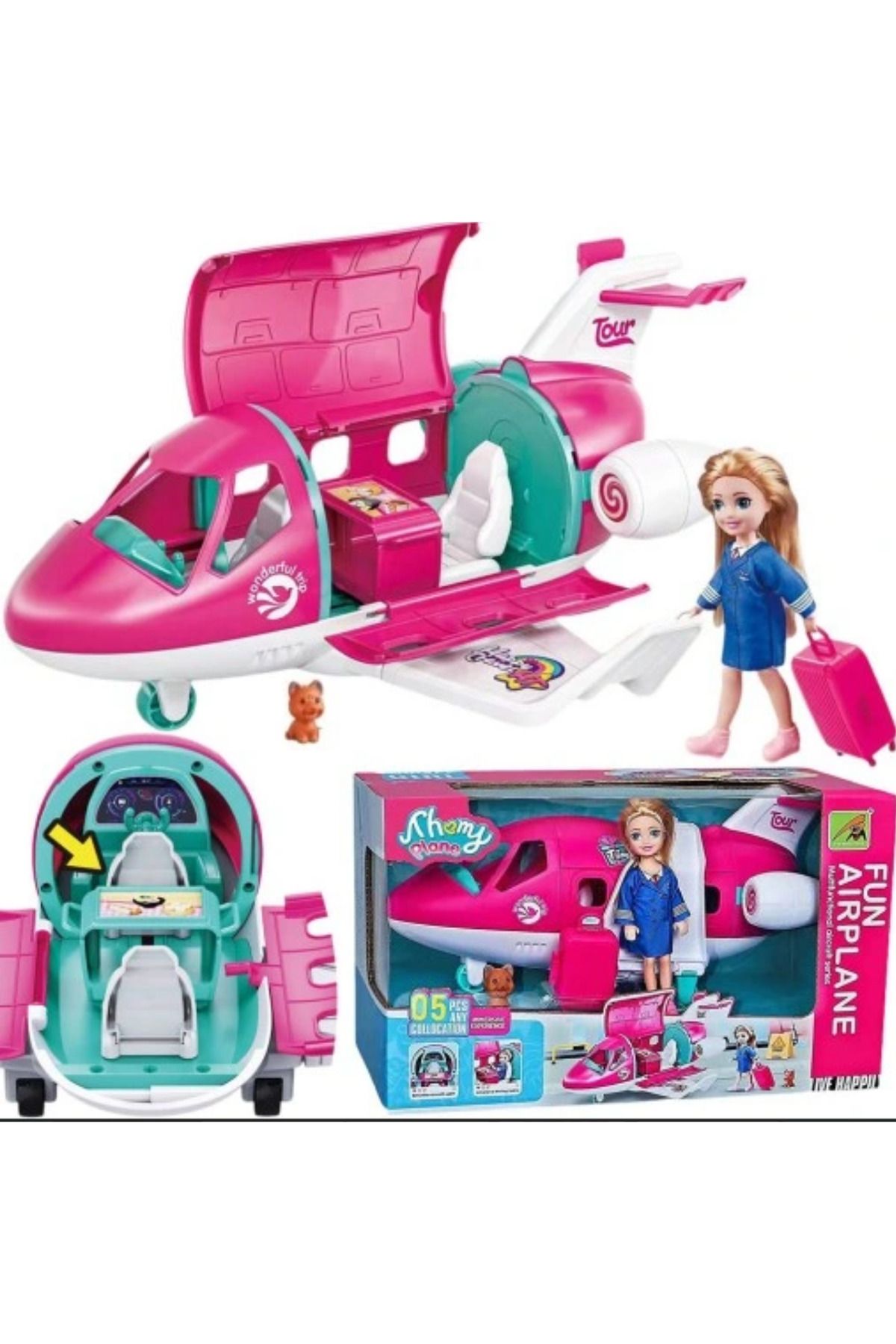Boratila Toys Uçak Süren Oyuncak Bebek Seti Köpekli Bavullu Aksesuarlı İçi Açılan Uçak