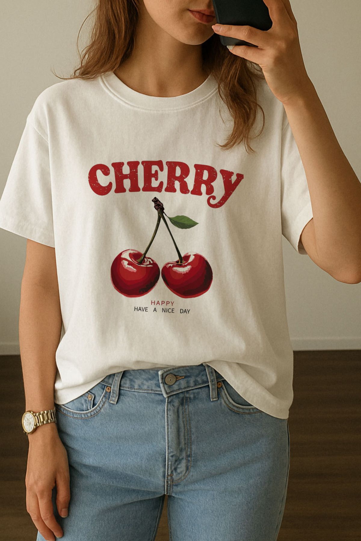 sielta Kadın Cherries Cherry Kiraz Baskılı Bisiklet Yaka Oversize Beyaz Tişört T-shirt