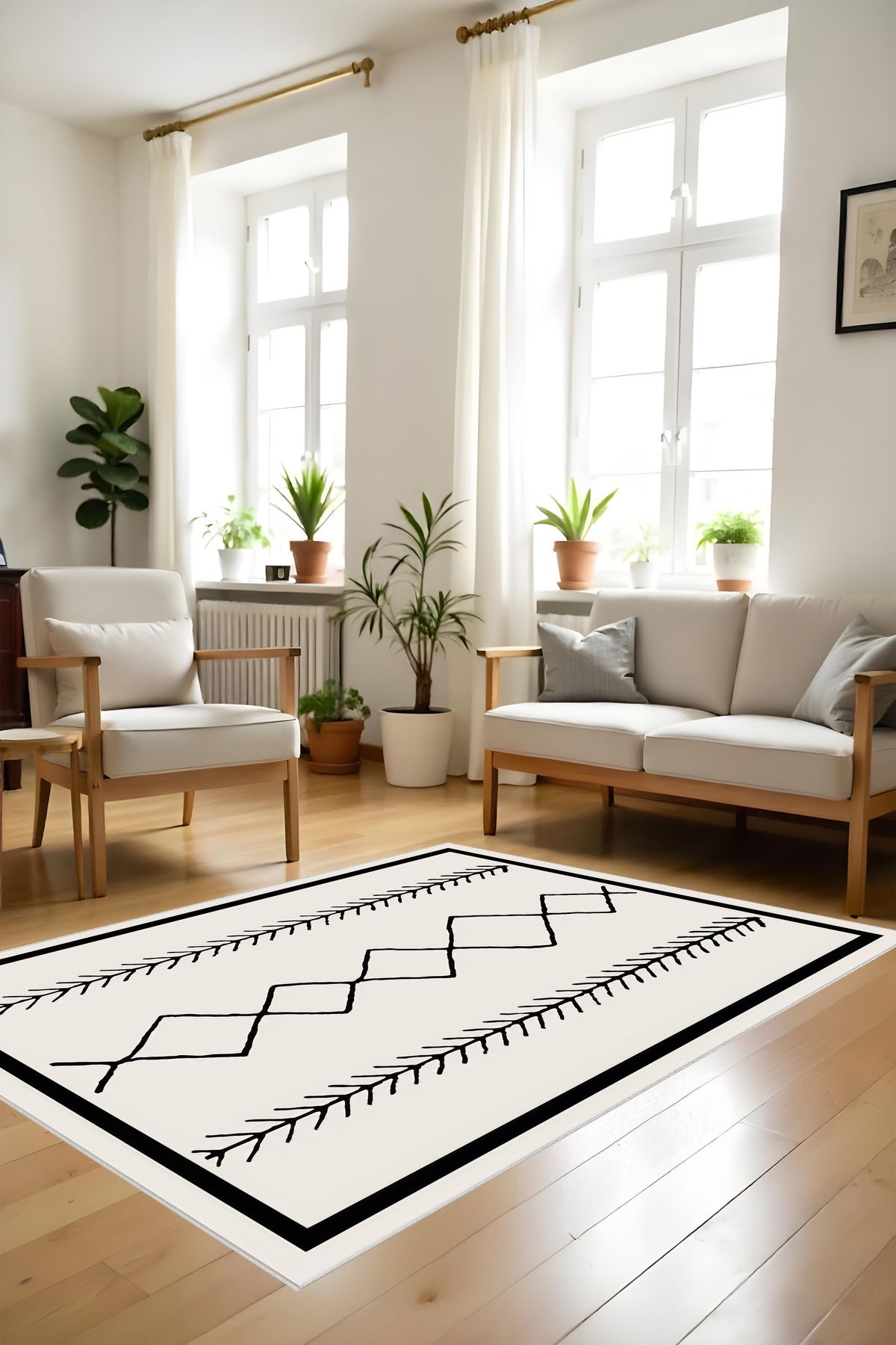 Liriya Dijital Baskı Siyah Ekru İskandinav Dekoratif Makinada Yıkanabilir Salon Halısı Yolluk Halısı