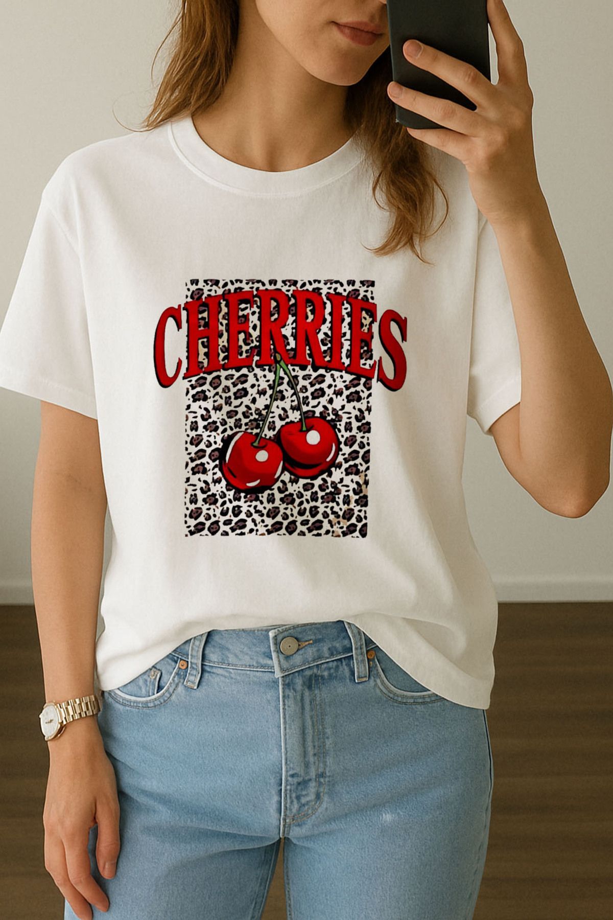 sielta Kadın Cherries Cherry Kiraz Baskılı Bisiklet Yaka Oversize Beyaz Tişört T-shirt