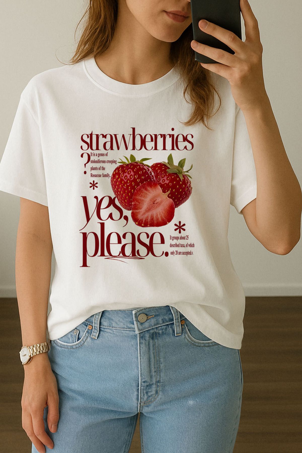 sielta Kadın Strawberry Çilek Baskılı Bisiklet Yaka Oversize Beyaz Tişört T-shirt