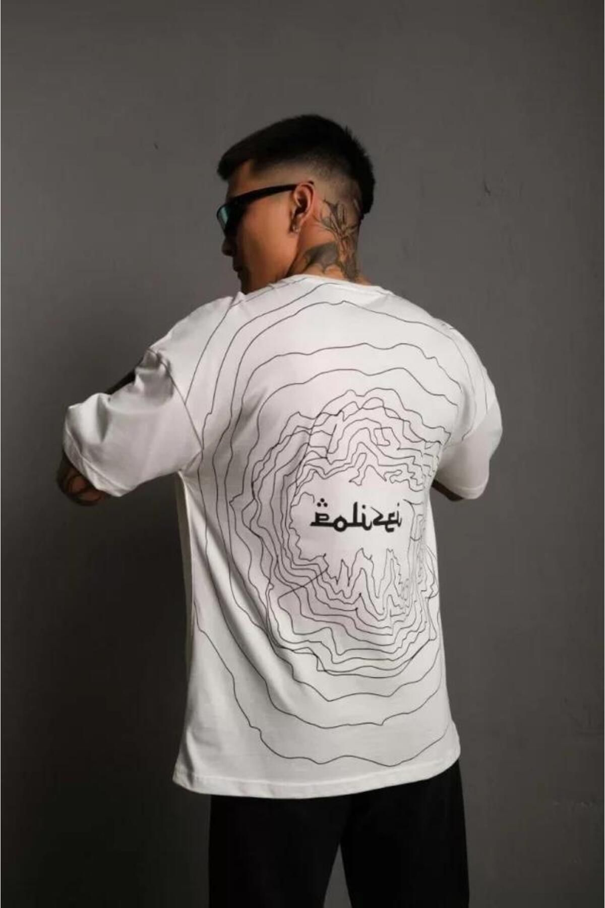 modamtn Erkek Bisiklet Yakalı Sırt Baskılı Oversize T-Shirt - Beyaz