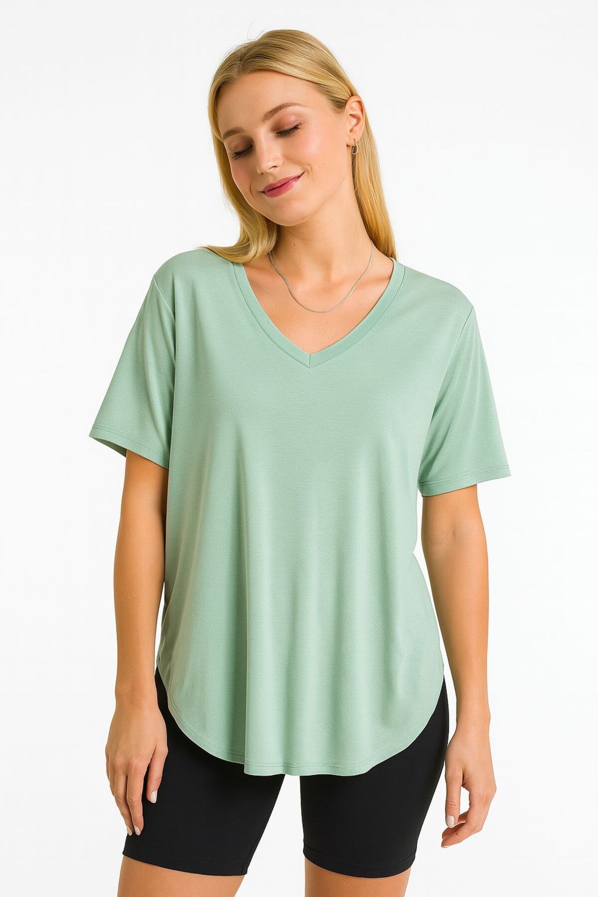 VibeGaia Unisex Modal Kumaş V Yaka Kesik Kol Salaş Fit Basic Tişört