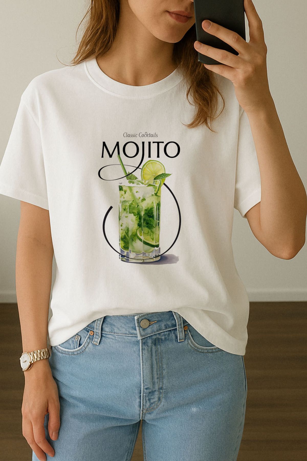 sielta Kadın Mojito Kokteyl Baskılı Bisiklet Yaka Oversize Beyaz Tişört T-shirt
