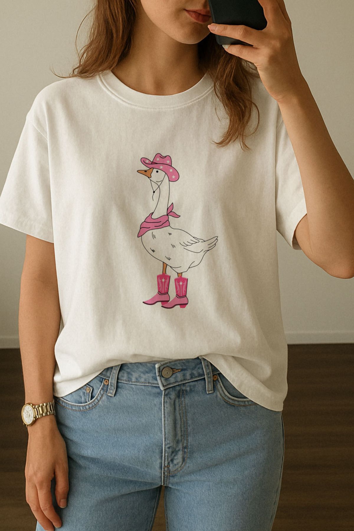 sielta Kadın Pembe Ördek Baskılı Bisiklet Yaka Oversize Beyaz Tişört T-shirt