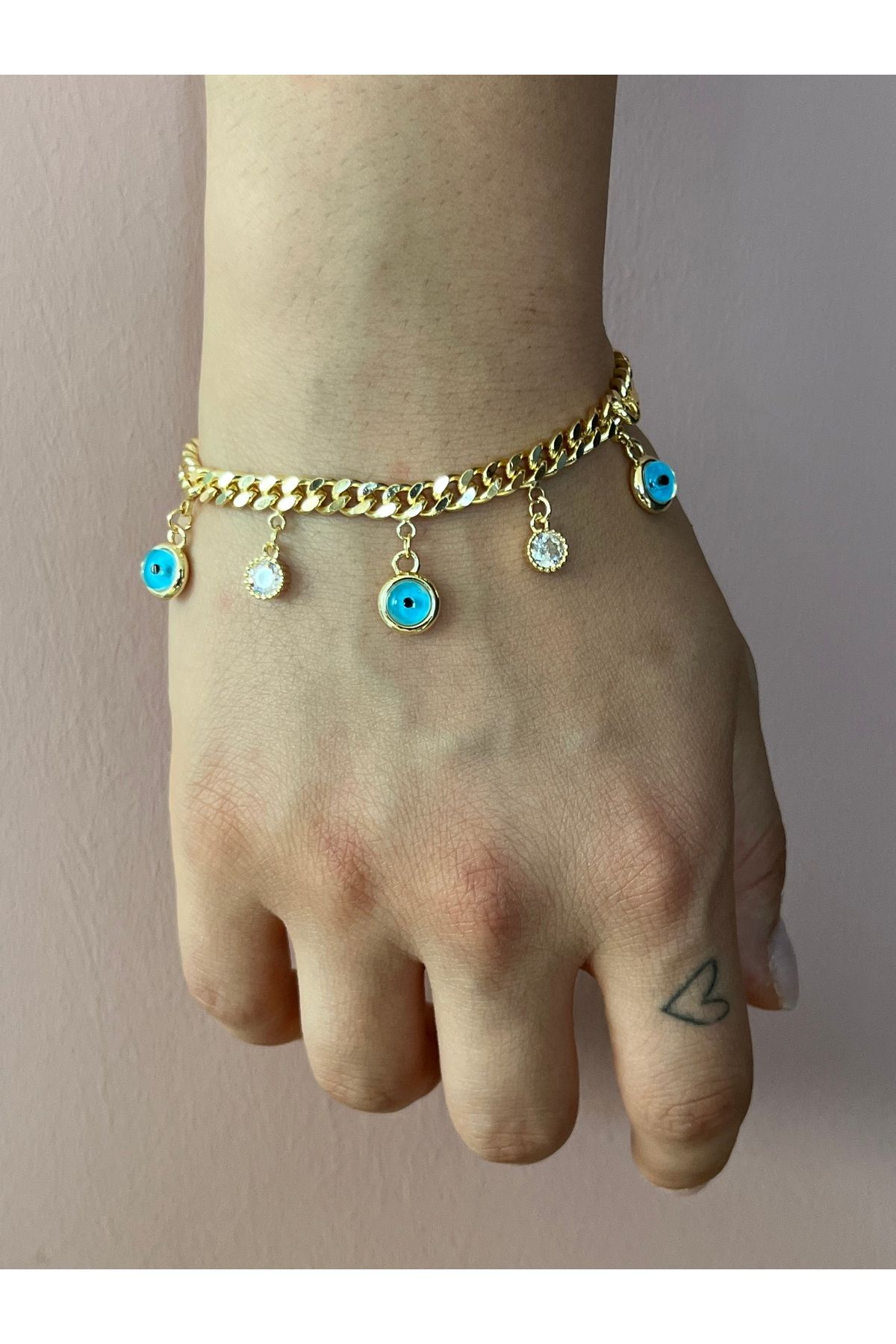 B&E SHİNE JEWERLY Kararmaz Çelik Nazar Boncuklu Charm Zincir Bileklik