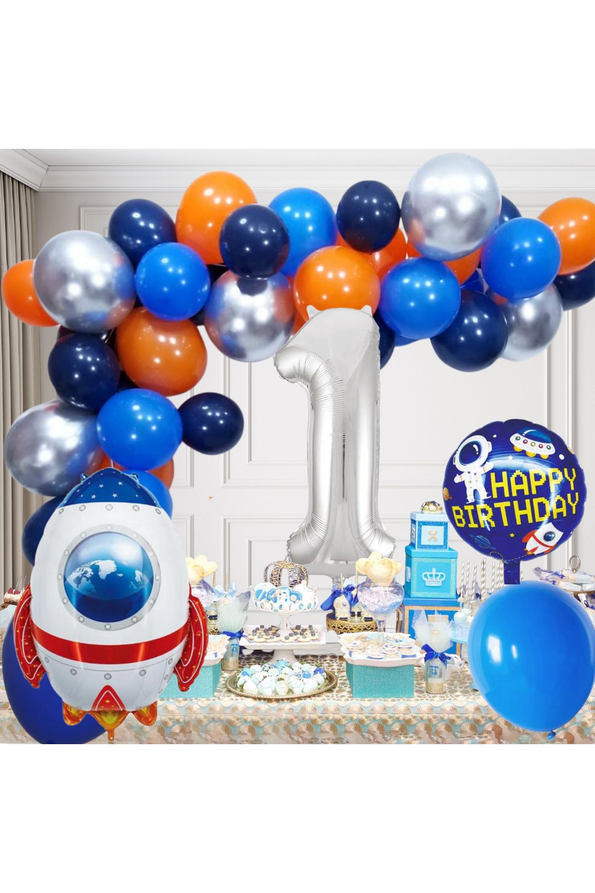 tedaks 1 Yaş Uzay Temalı Doğum Günü Seti Uzay Mekiği Happy Birthday Yazı Renkli Balonlar Gümüş Folyo Rakam