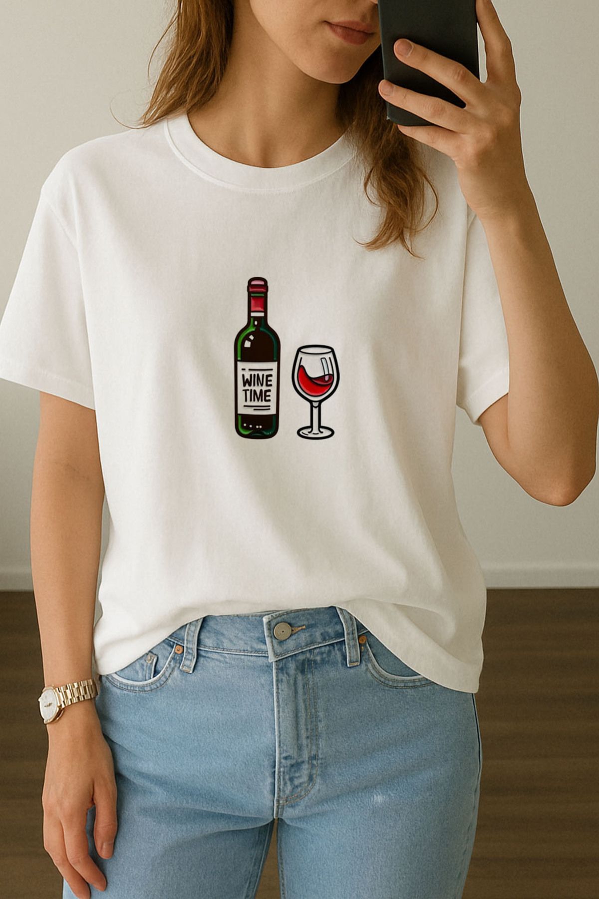 sielta Kadın Şarap Wine Baskılı Bisiklet Yaka Oversize Beyaz Tişört T-shirt