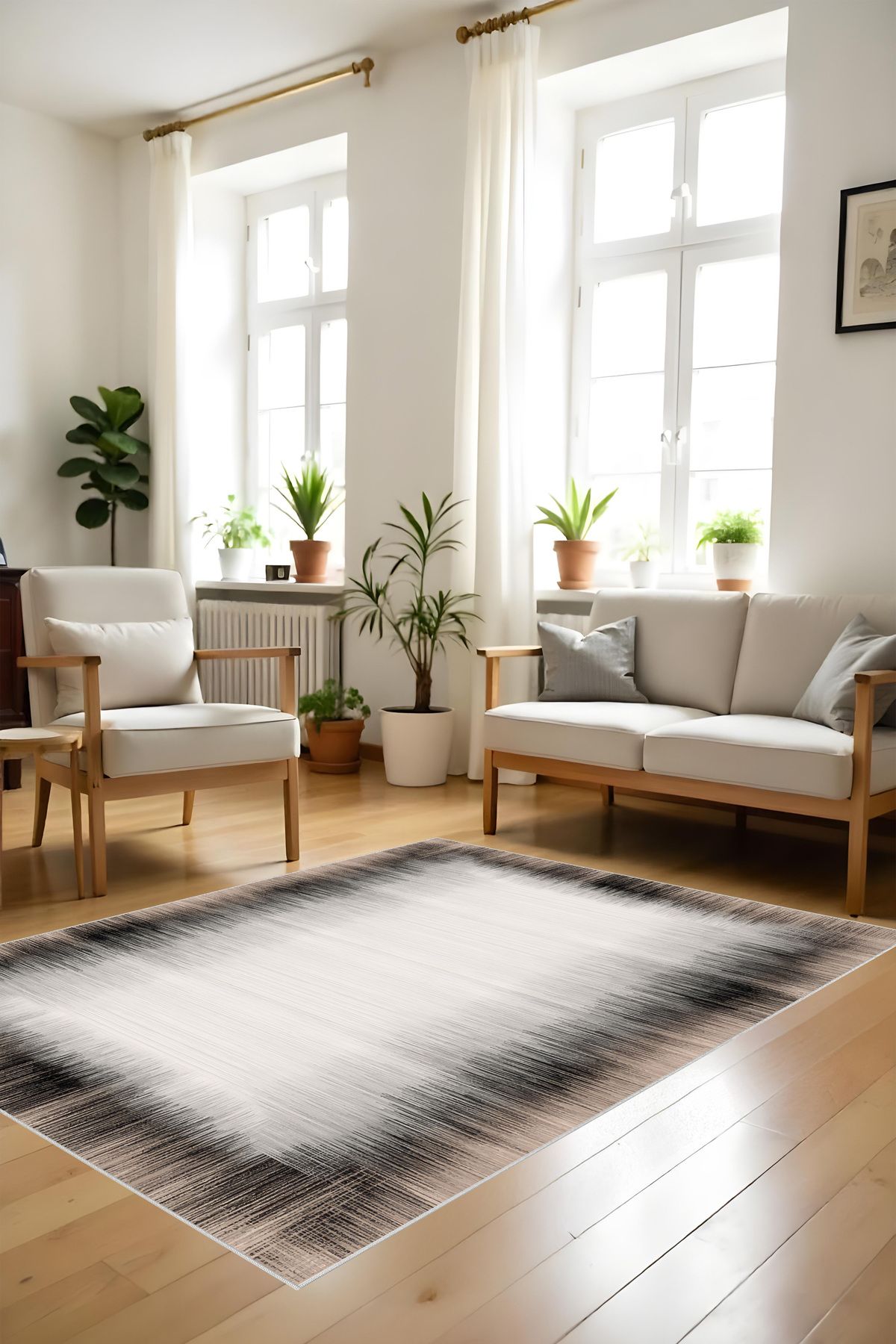 Liriya Dijital Baskı Modern Çerçeve Geçişli Desen Dekoratif Makinada Yıkanabilir Salon Halısı Yolluk Halısı