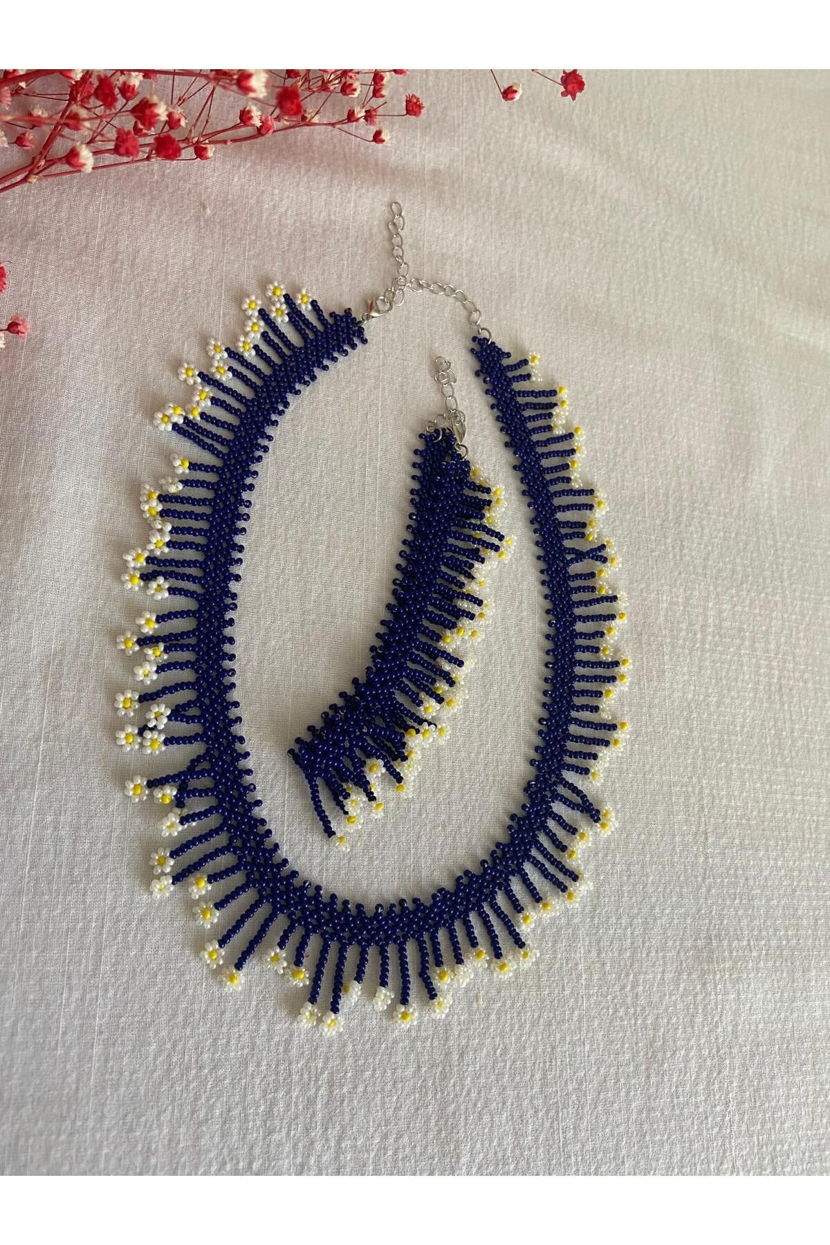 Handmade KUM BONCUK EL İŞİ PAPATYALI LACİVERT KOLYE VE HALHAL