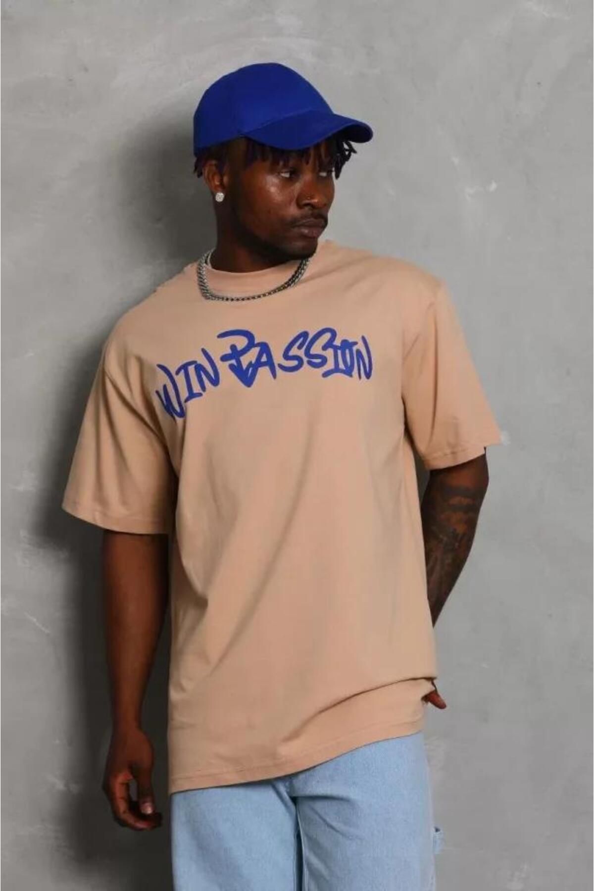 modamtn Unisex Oversize Baskılı Bisiklet Yaka T-Shirt - Bej