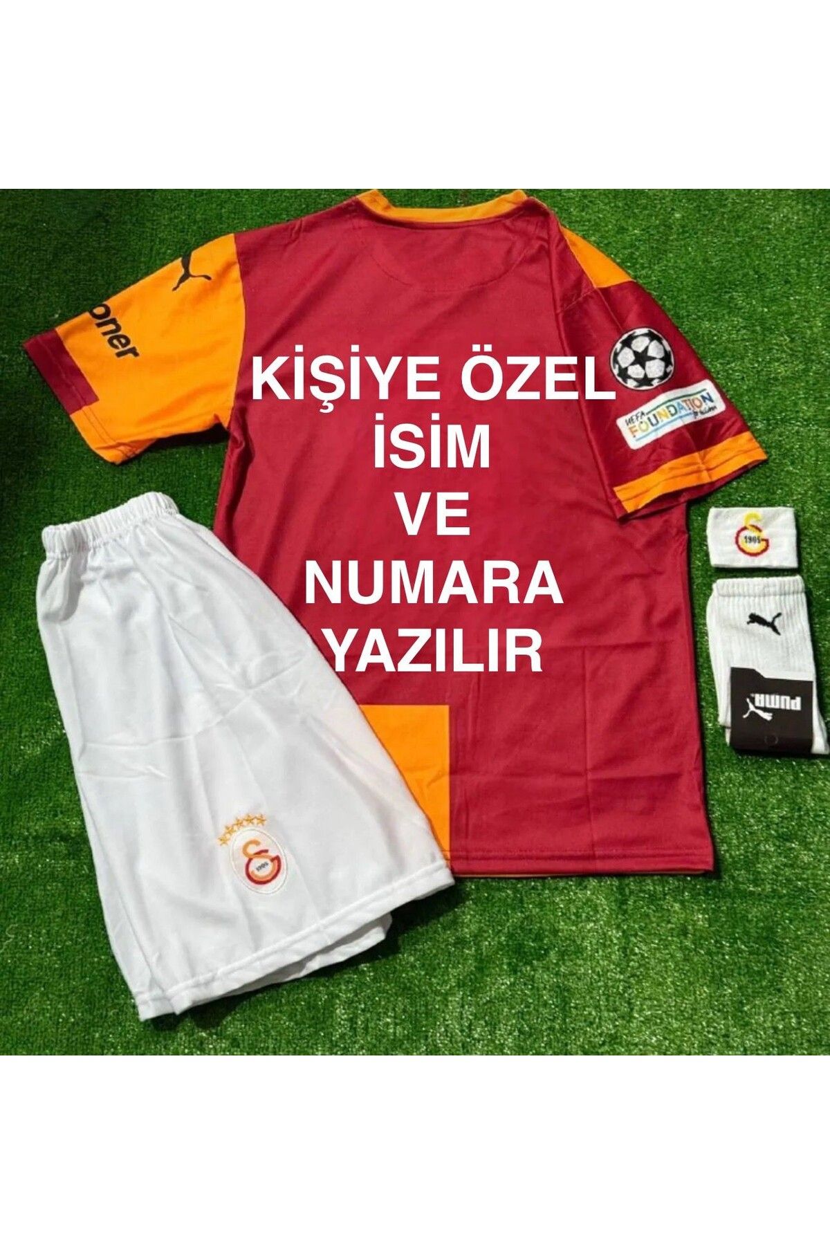 Marka Extra Kişiye Özel Baskılı - Gâlâtâsârây 2025/26 Yeni Sezon Sarı Kırmızı Parçalı Çocuk Forması 4 Parça